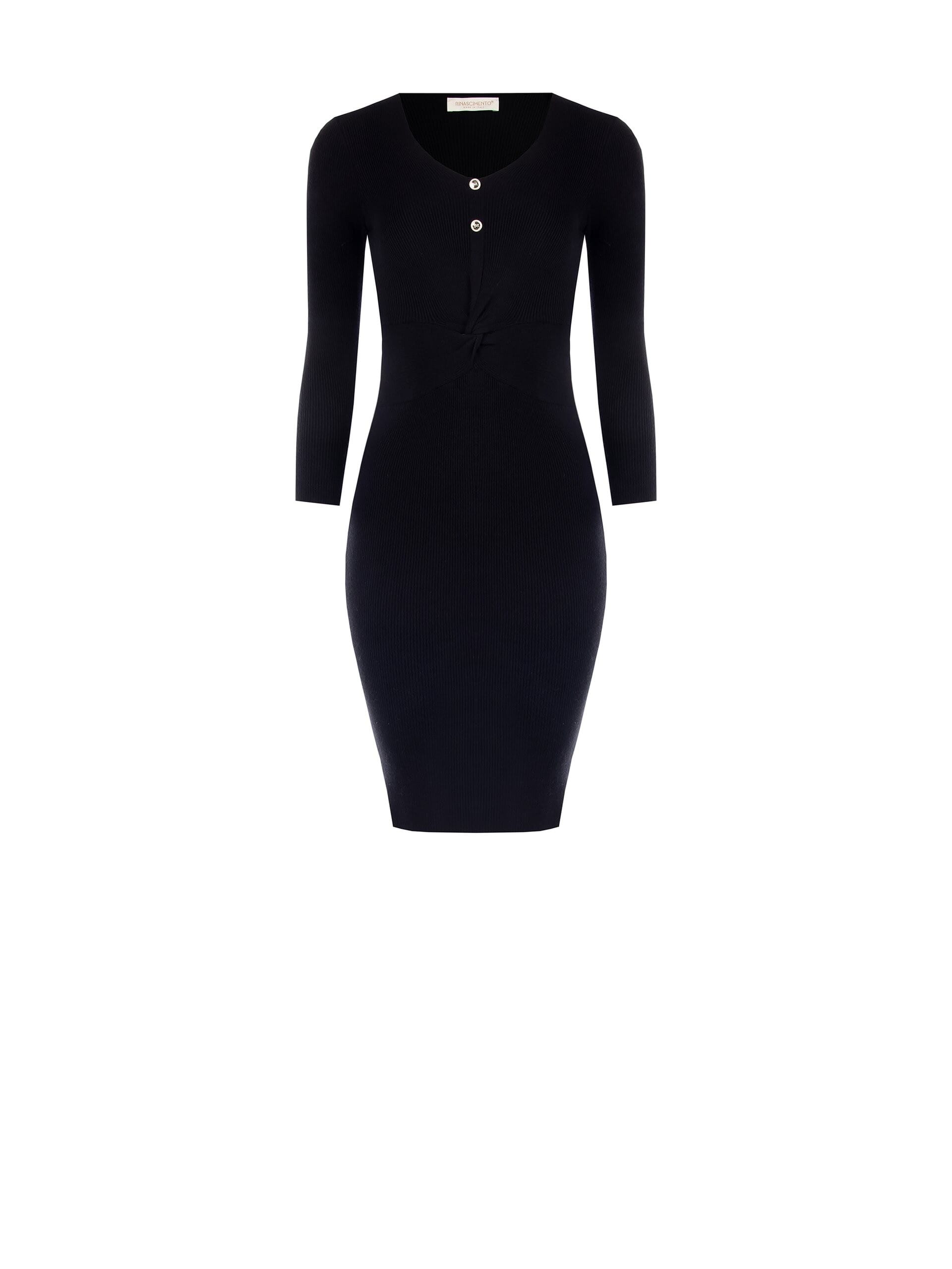 Thin Ribbed Knitted Sheath Dress With V-Neck And Logo Buttons Rinascimento