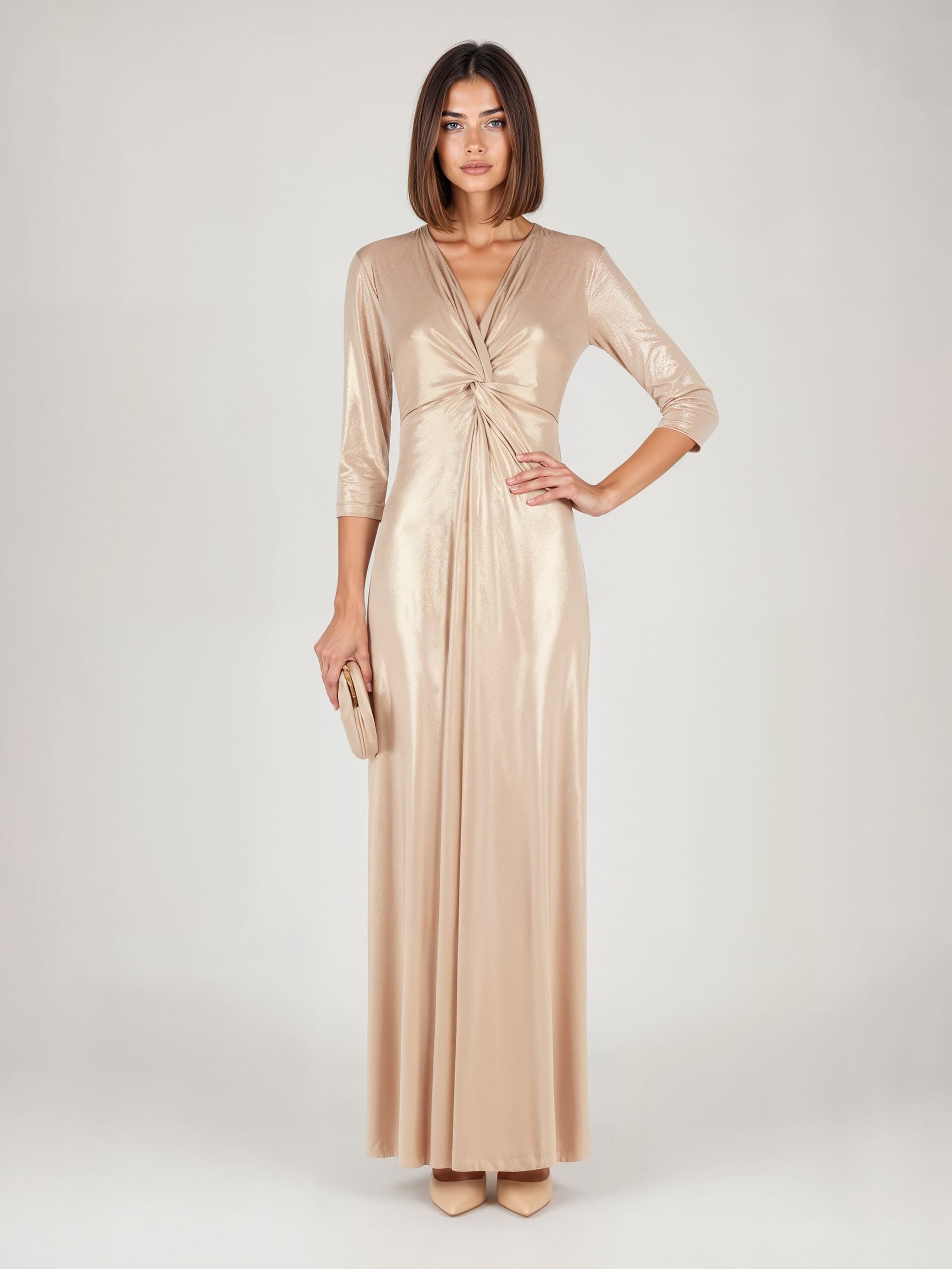 Abito Lungo In Maglina Laminata Con Scollo A V Arricciato E Spalline Rinascimento