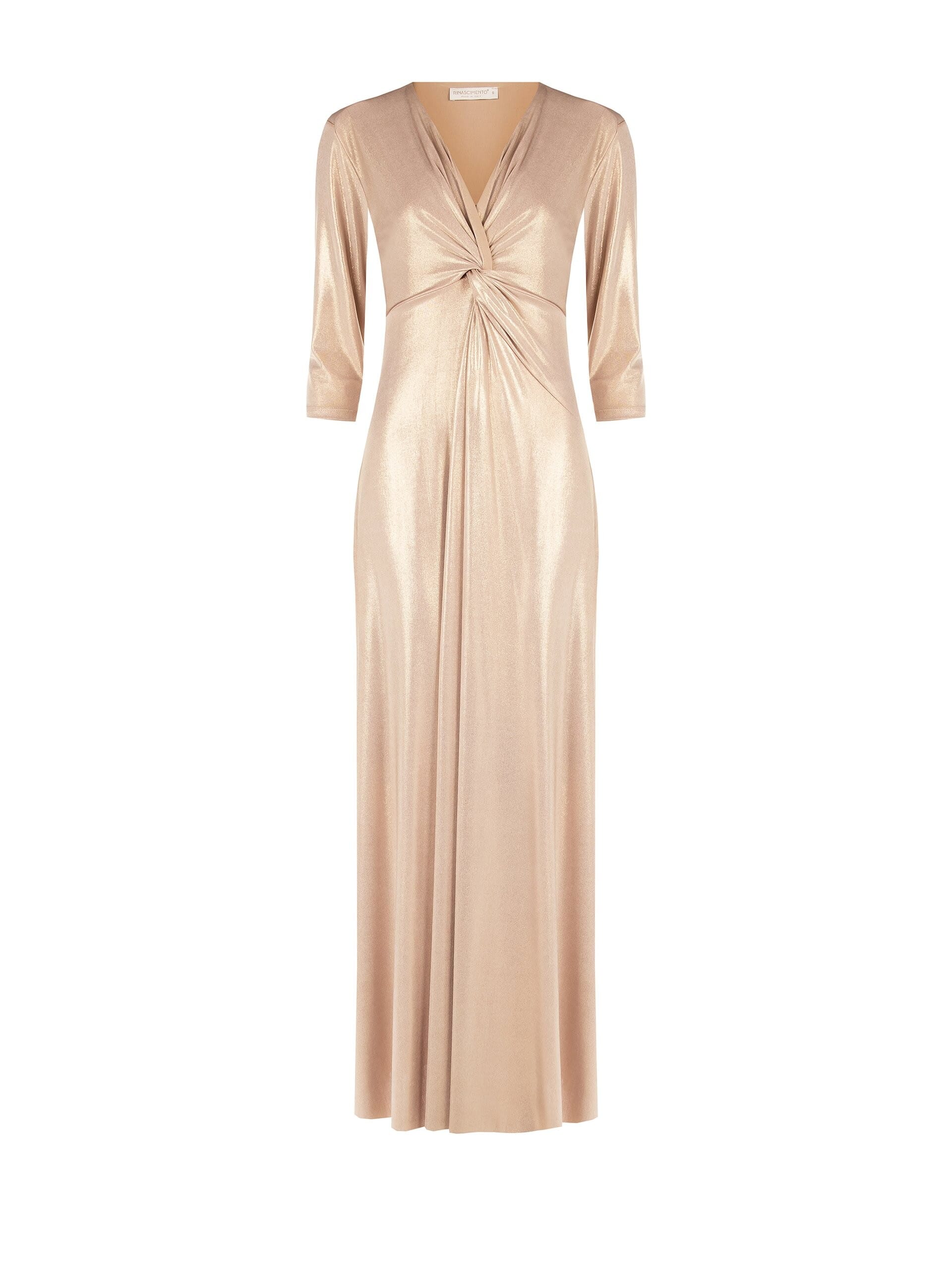 Abito Lungo In Maglina Laminata Con Scollo A V Arricciato E Spalline Rinascimento