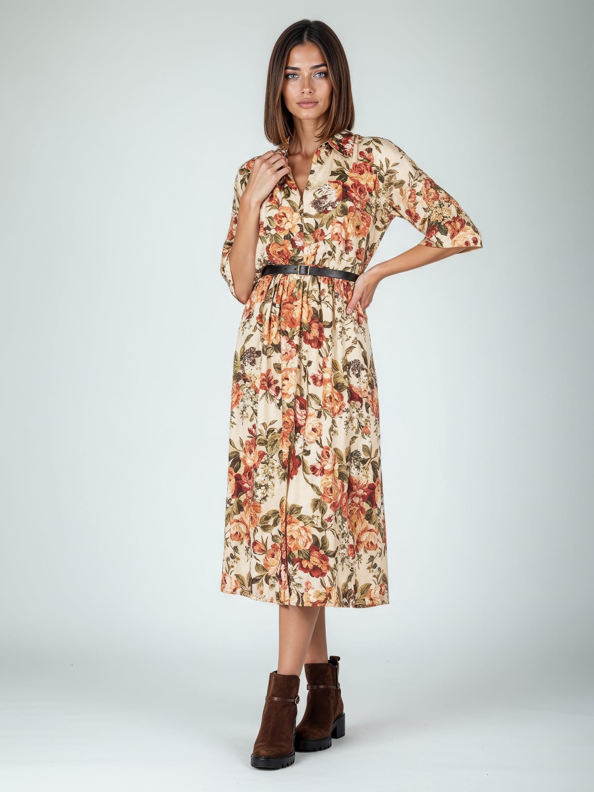 Robe longue et fleurie en viscose avec ceinture assortie en cuir Similpa Rinascimento