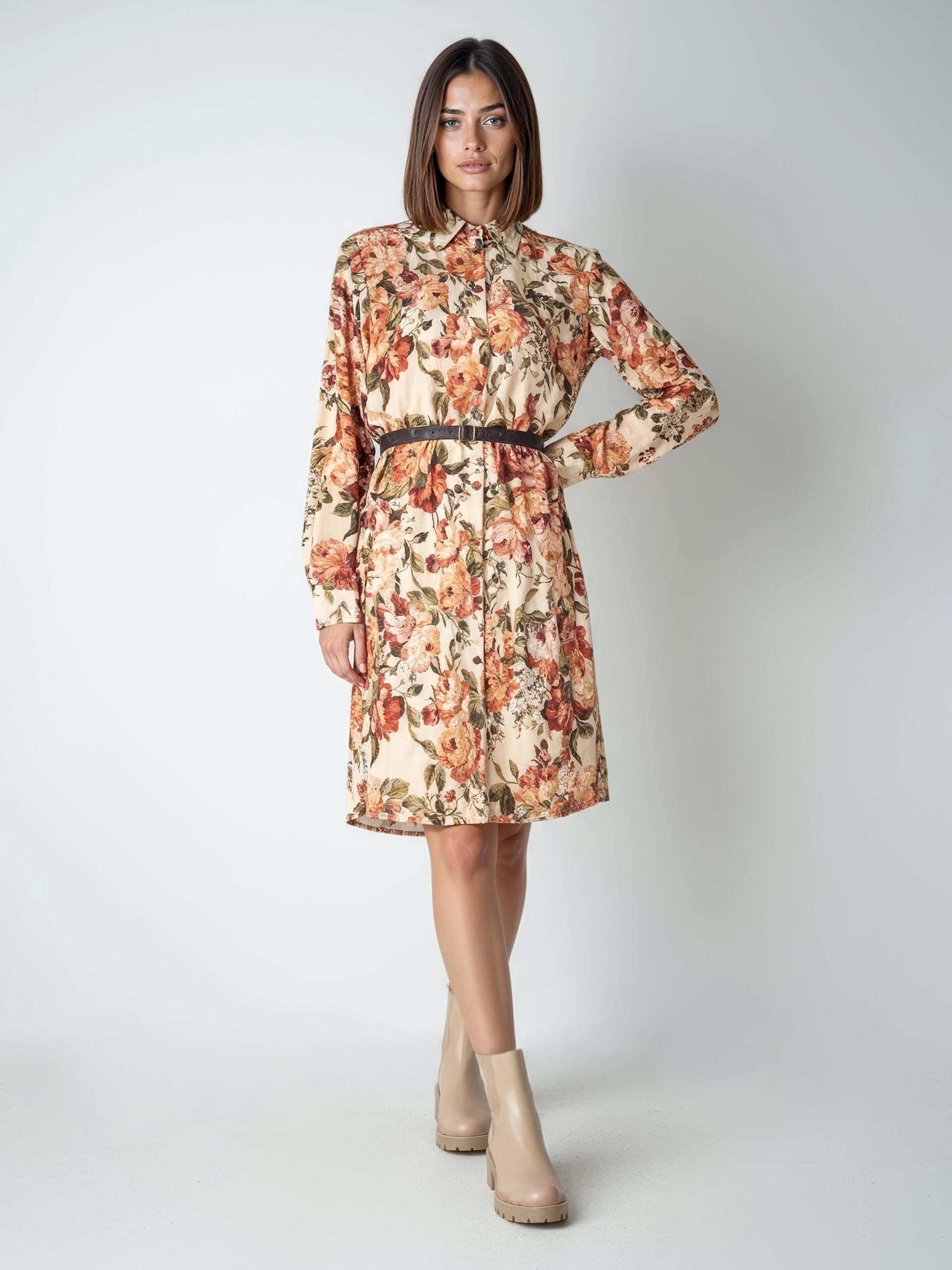 Abito Corto Chemisier In Viscosa A Fiori Con Cintura In Similpelle Abbinata Rinascimento