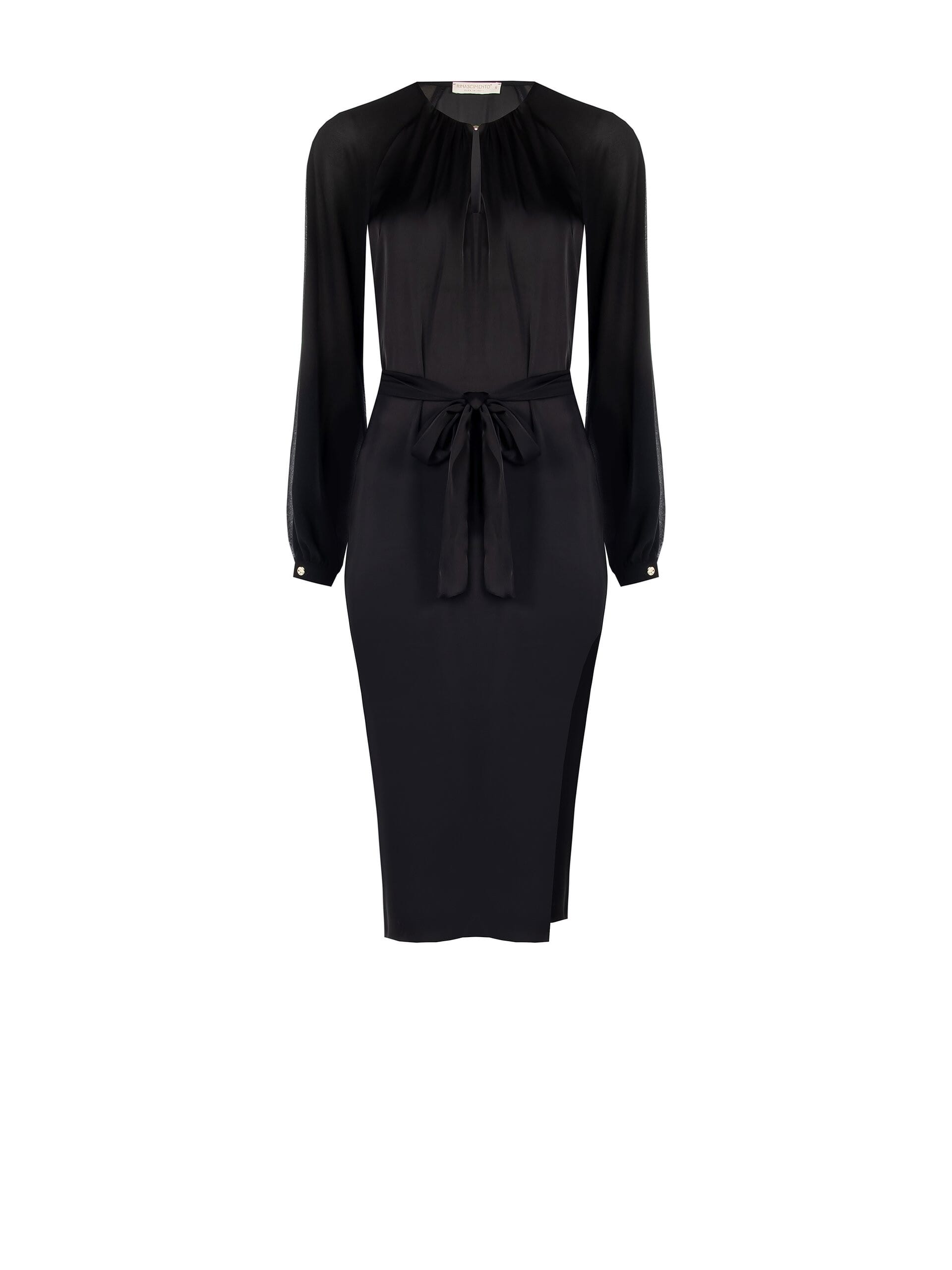 Abito Midi In Raso Con Cintura Coordinata E Maniche Semitrasparenti In Georgette Rinascimento