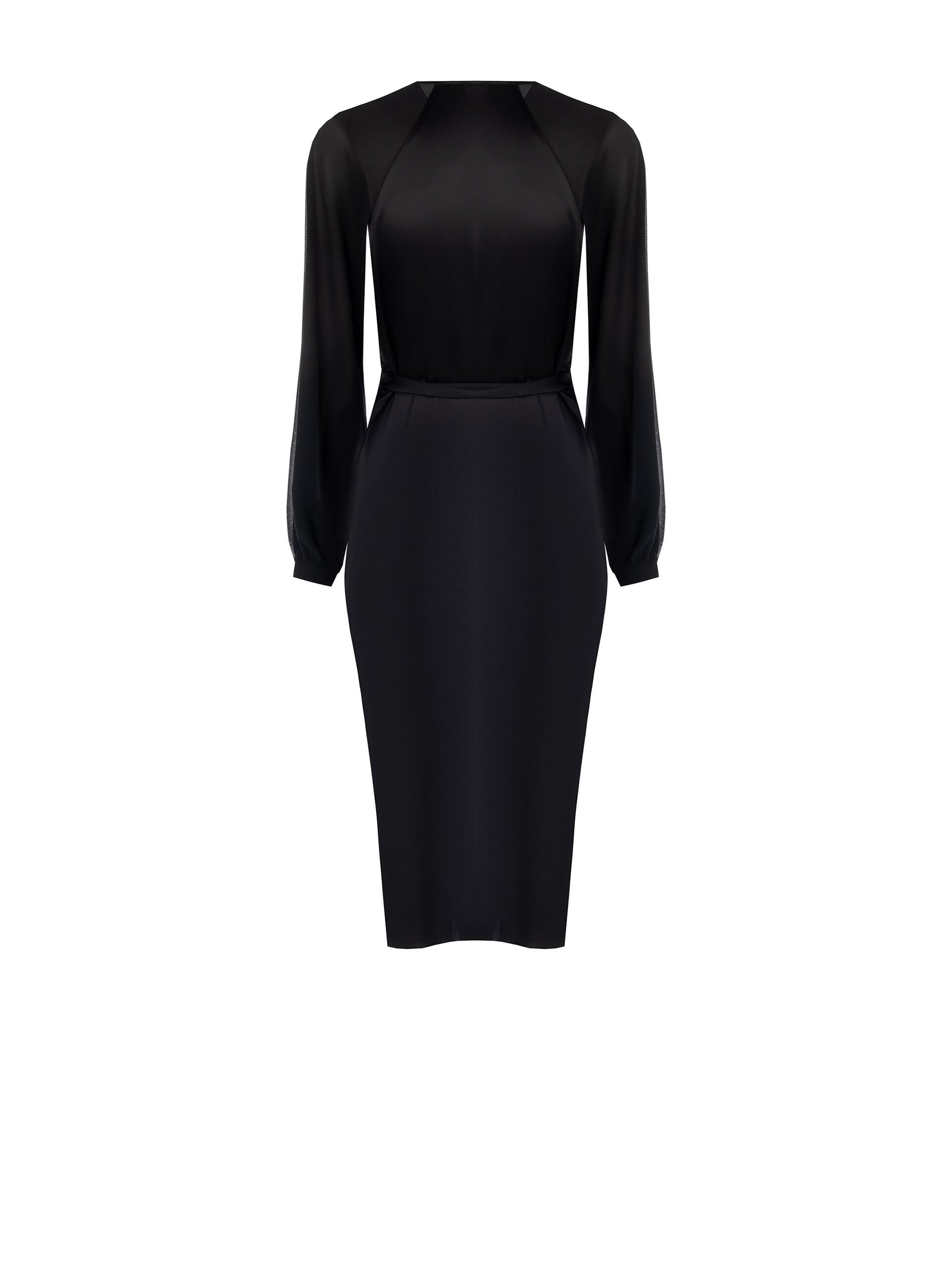 Abito Midi In Raso Con Cintura Coordinata E Maniche Semitrasparenti In Georgette Rinascimento