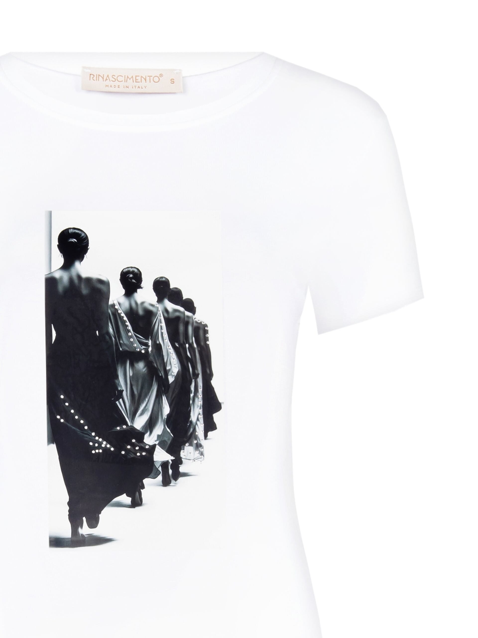 Regular Cotton Mix T-Shirt with Cat Print and Rhinestones Rinascimento