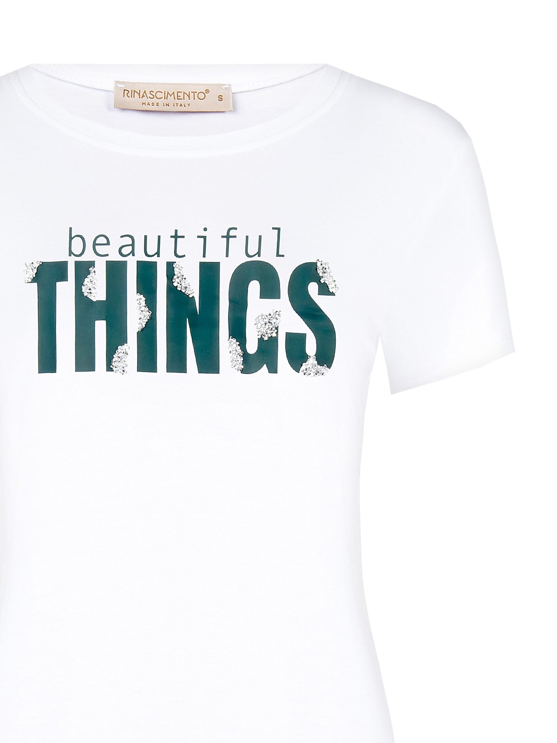 T-Shirt régulier en coton mélangé avec impression Slogan avec strass Rinascimento