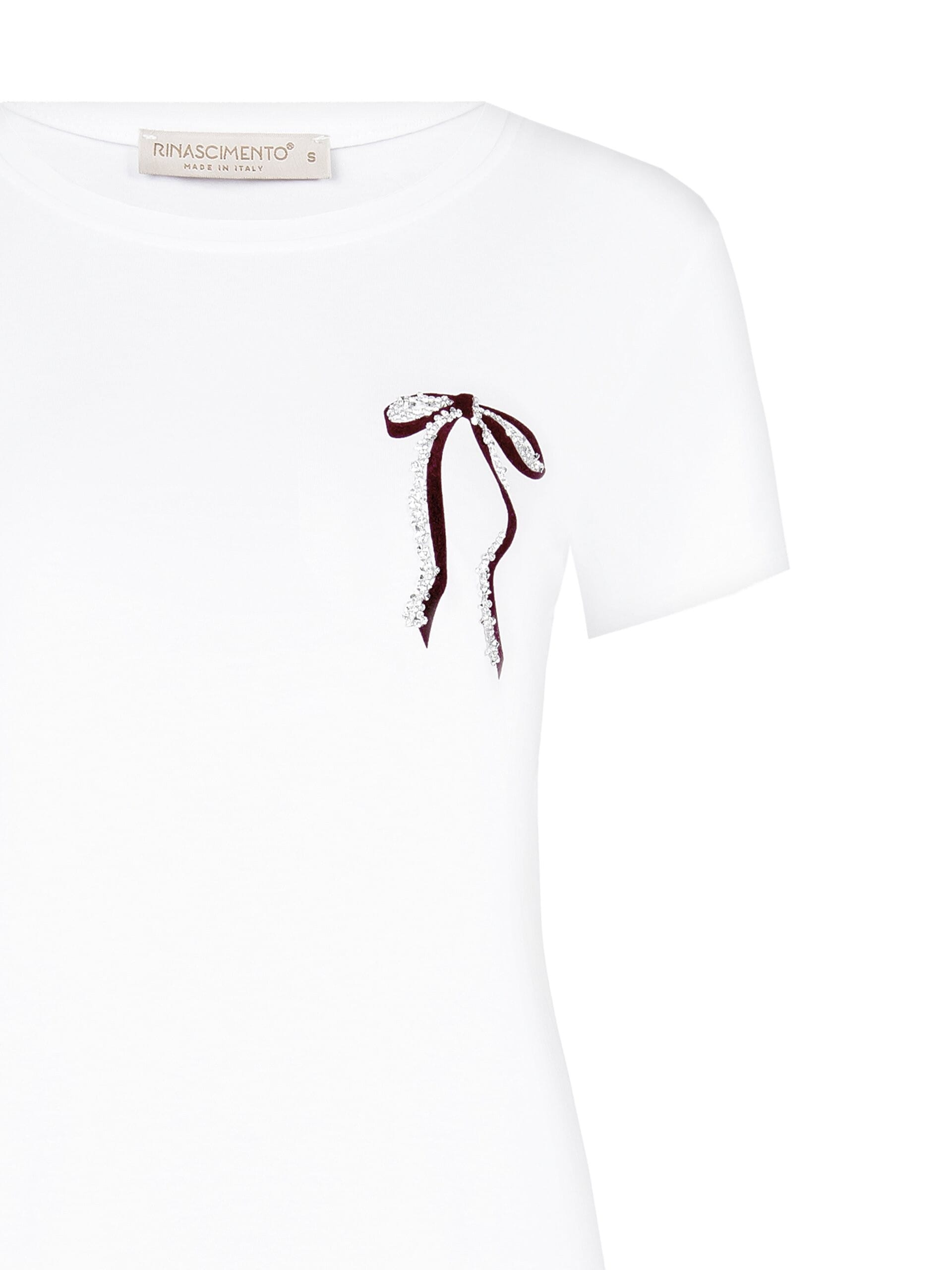 T-Shirt Regular In Misto Cotone Con Stampa Fiocco E Strass Lato Cuore Rinascimento