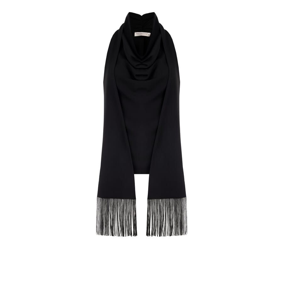 Fringed Fluid Top With Ring Neckline And Fringed Scarf