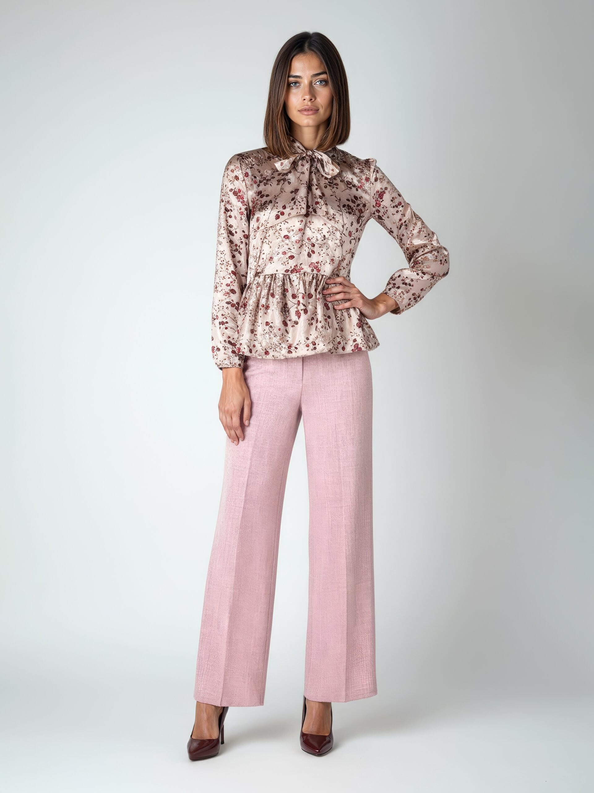 Rinascimento - Chemisier péplum en satin à fleurs avec nœud et encolure en V