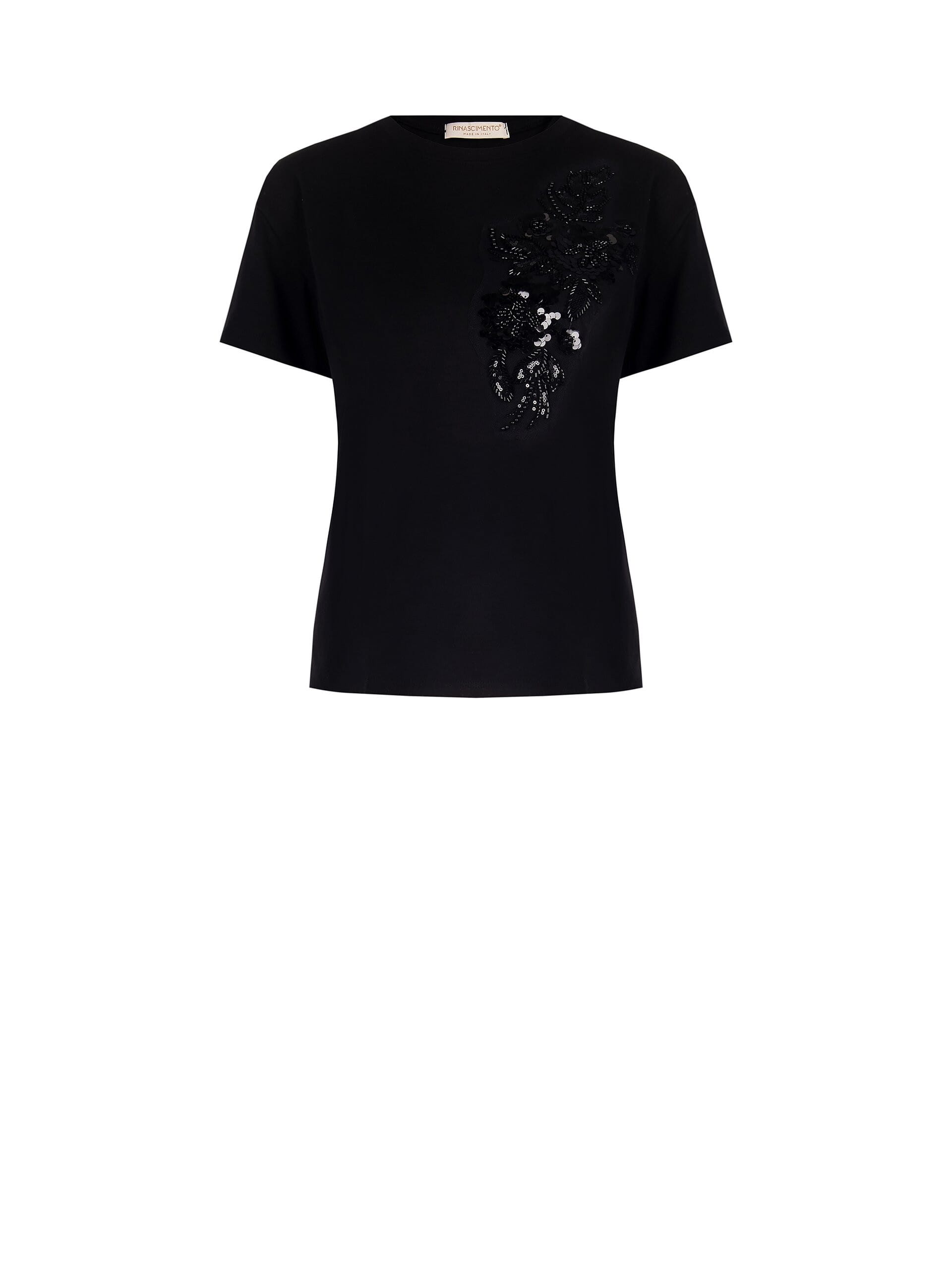 T-Shirt Regular In Cotone Con Applicazione In Paillettes E Perline Rinascimento