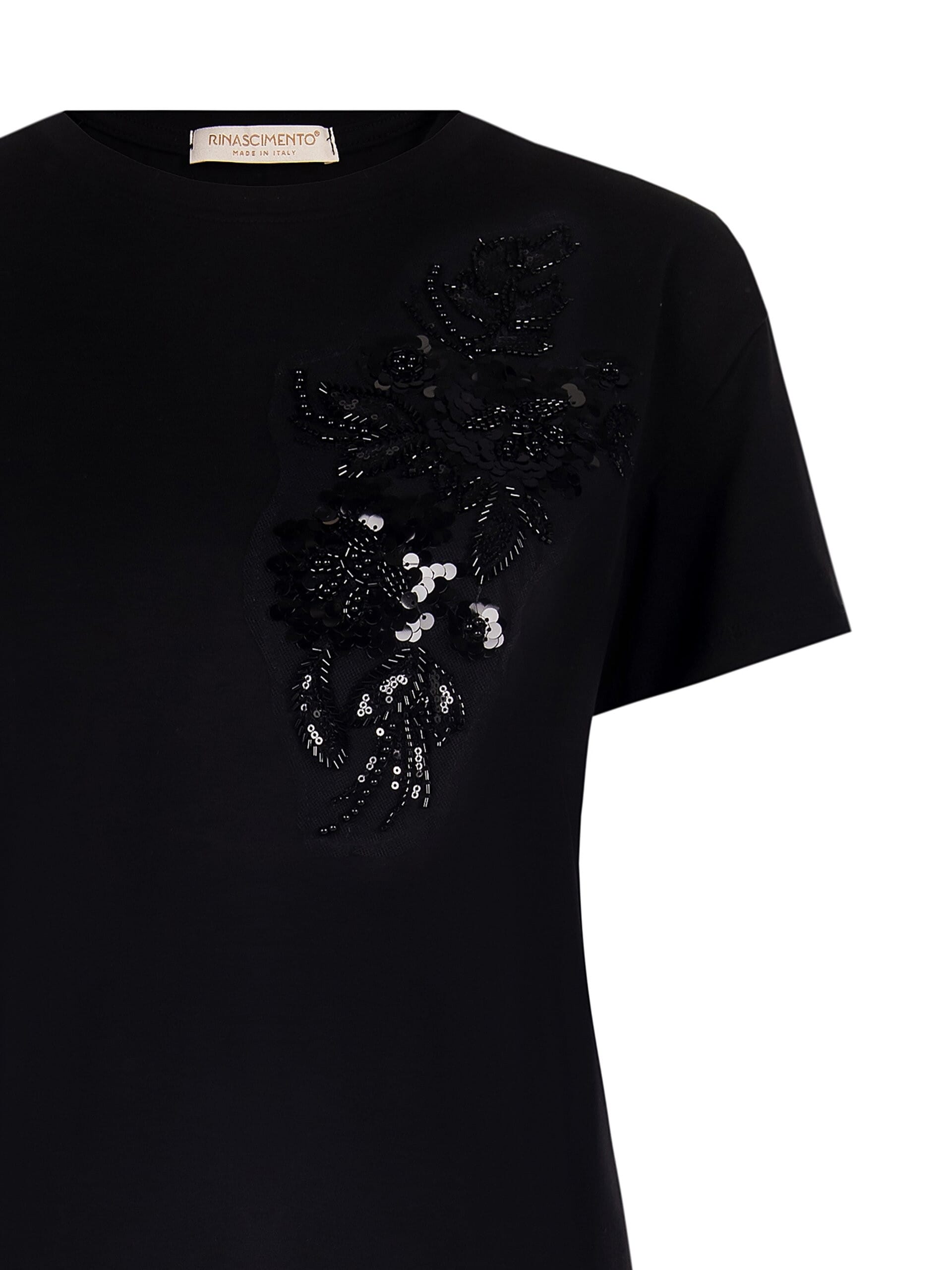 T-Shirt Regular In Cotone Con Applicazione In Paillettes E Perline Rinascimento