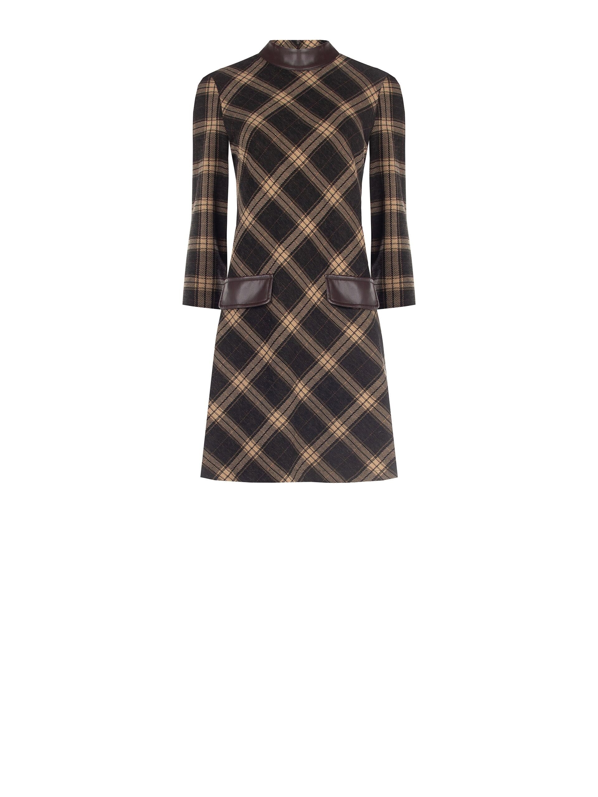 Abito Corto A Trapezio In Tessuto Jacquard A Quadri Con Dettagli In Similpelle Rinascimento