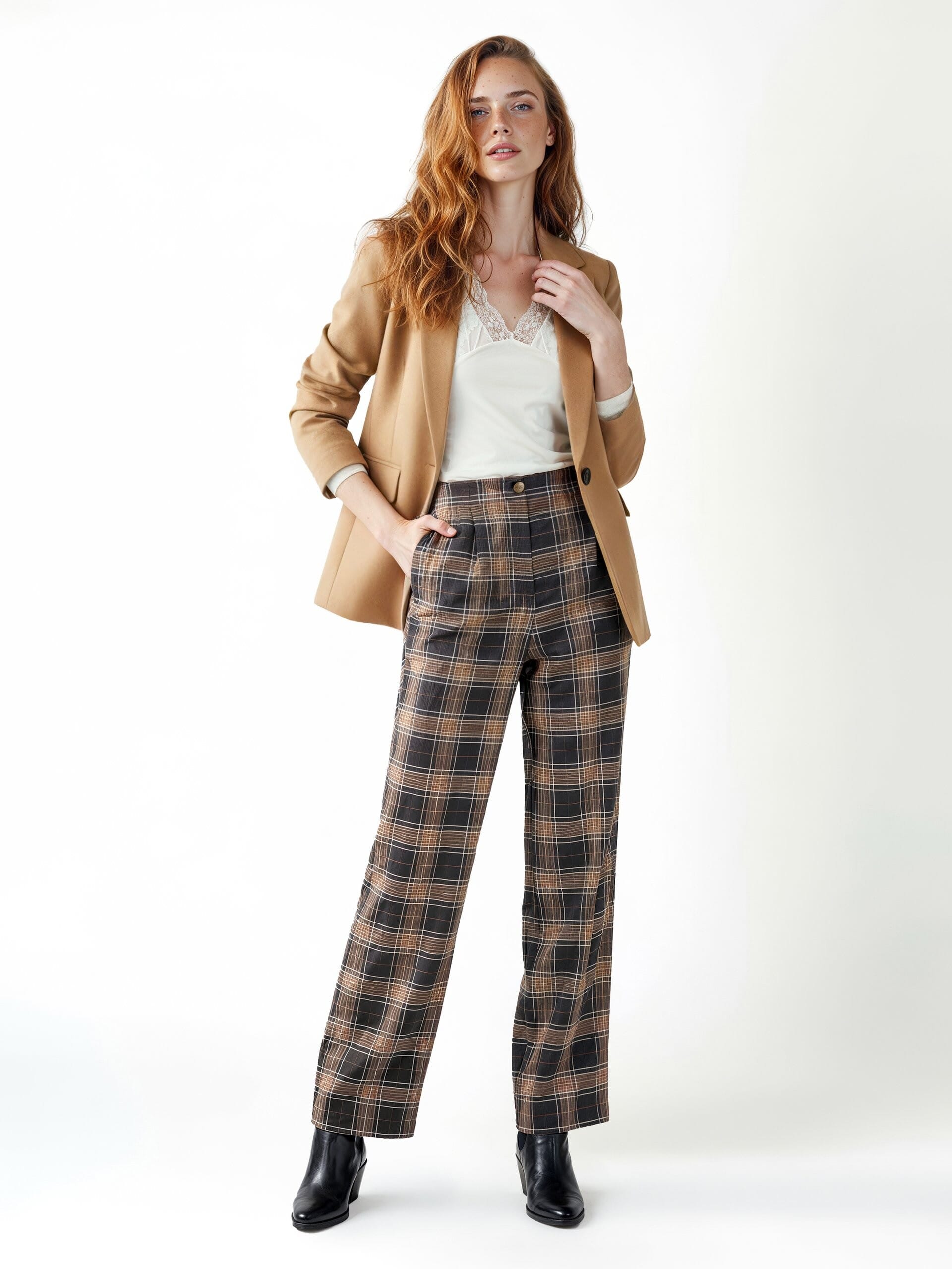 Pantaloni Dritti In Tessuto Poliviscosa A Quadri Con Doppia Pinces Ed Elastico Dietro Rinascimento