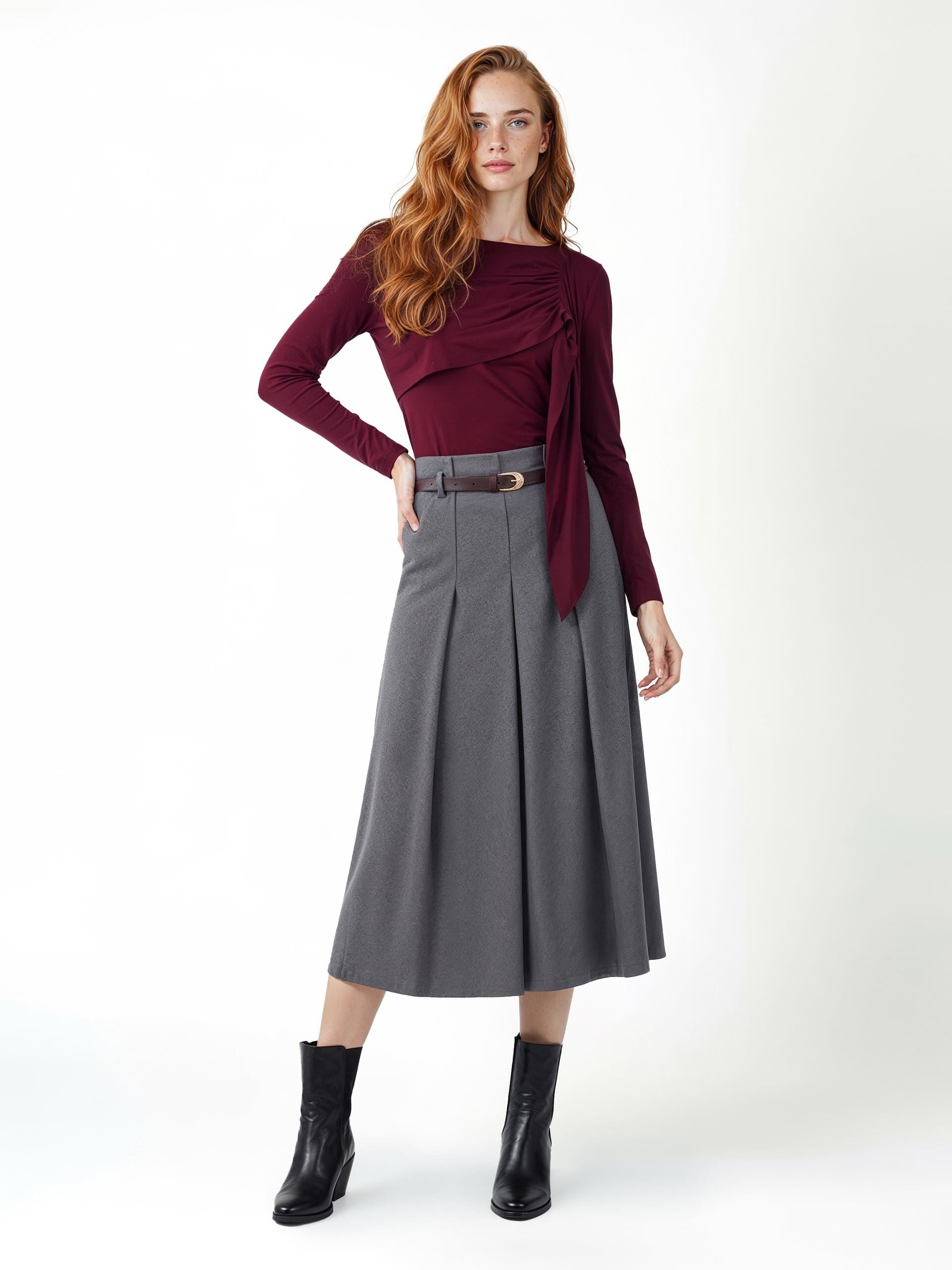 Long Pleated Wide Pleated Skirt In Poly-Viscose Fabric With