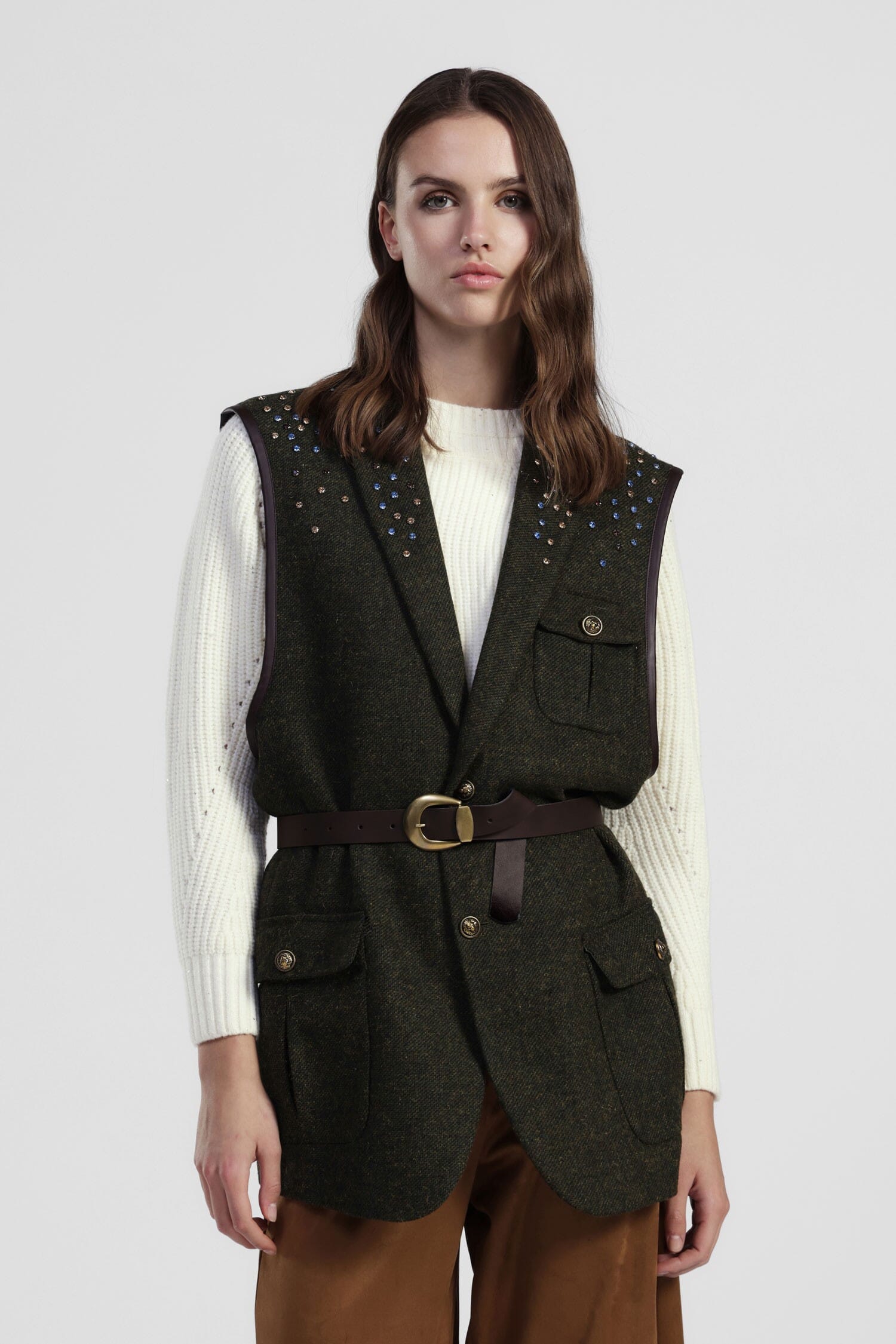 Pied De Poule Patterned Vest With Dixie Belt