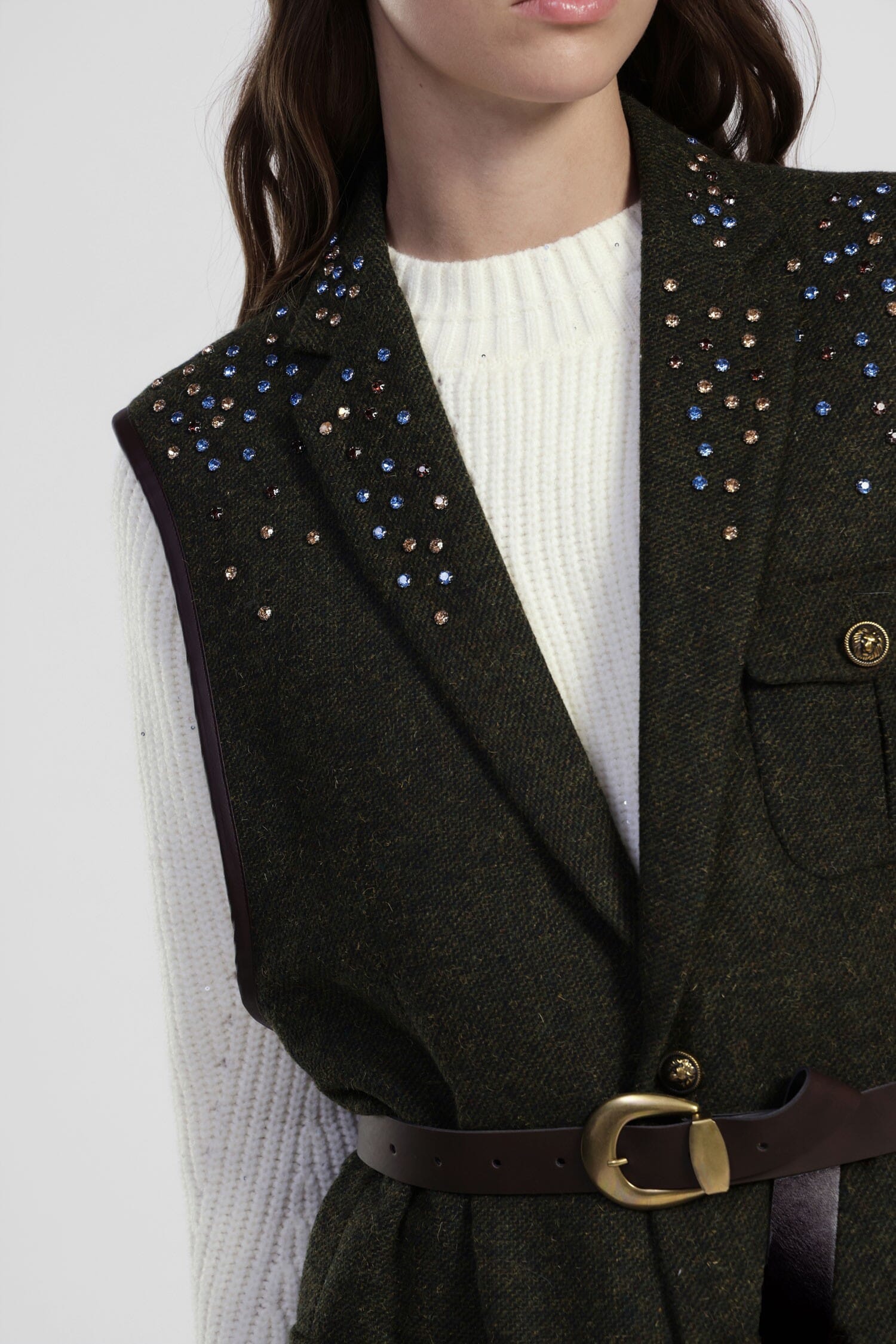 Pied De Poule Patterned Vest With Dixie Belt