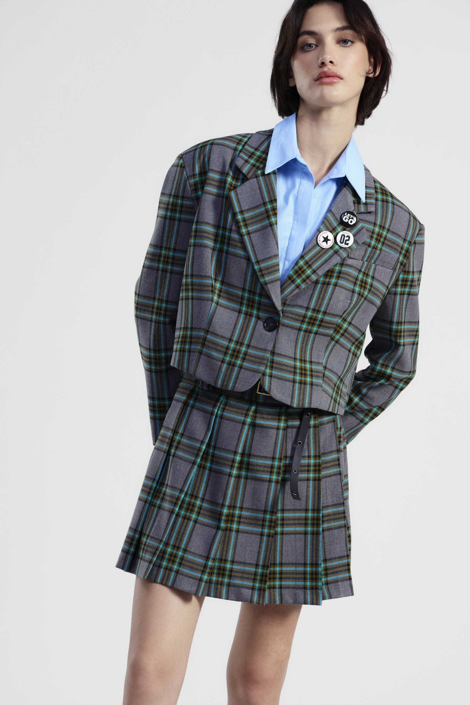 Short Plaid Blazer With Dixie Pin And Buttons