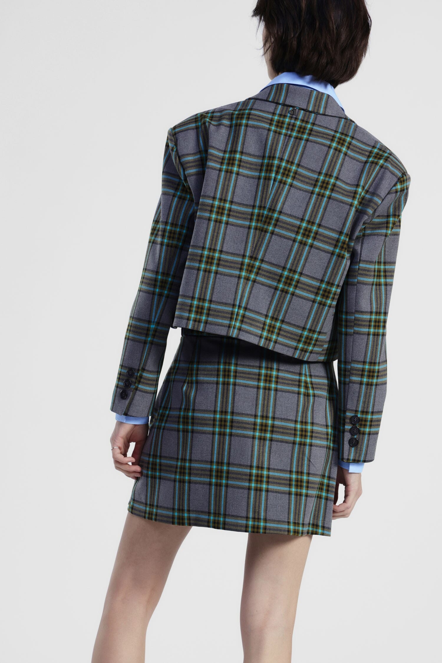 Short Plaid Blazer With Dixie Pin And Buttons