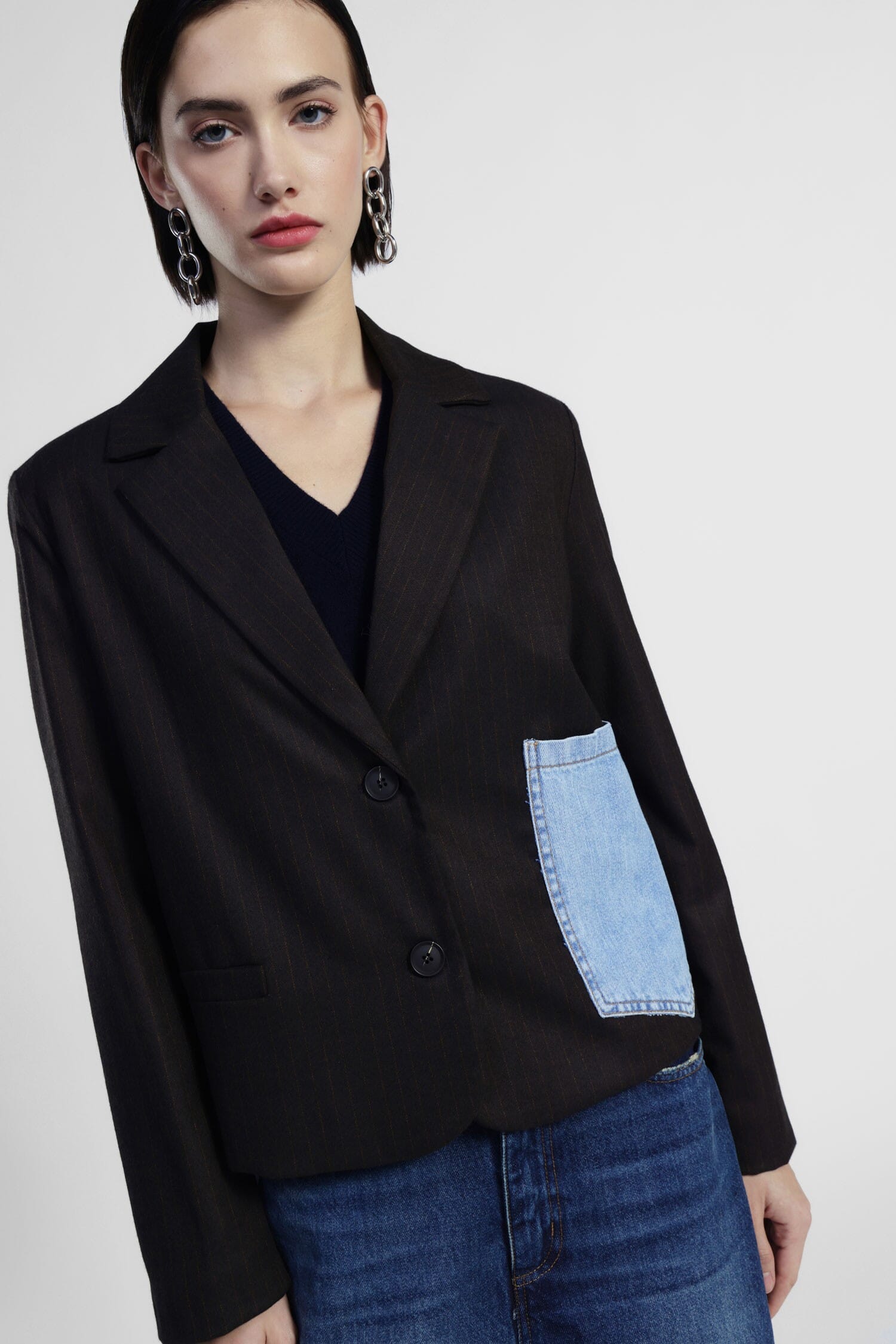 Short Striped Blazer With Contrast Denim Pocket Dixie