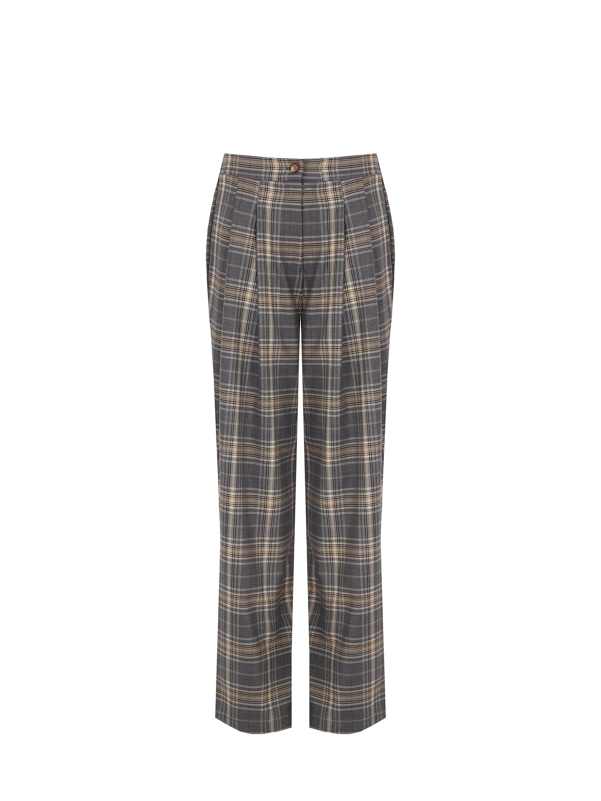 Straight Trimmed Polyviscose Fabric Trousers with Double Pleats and Elastic Back