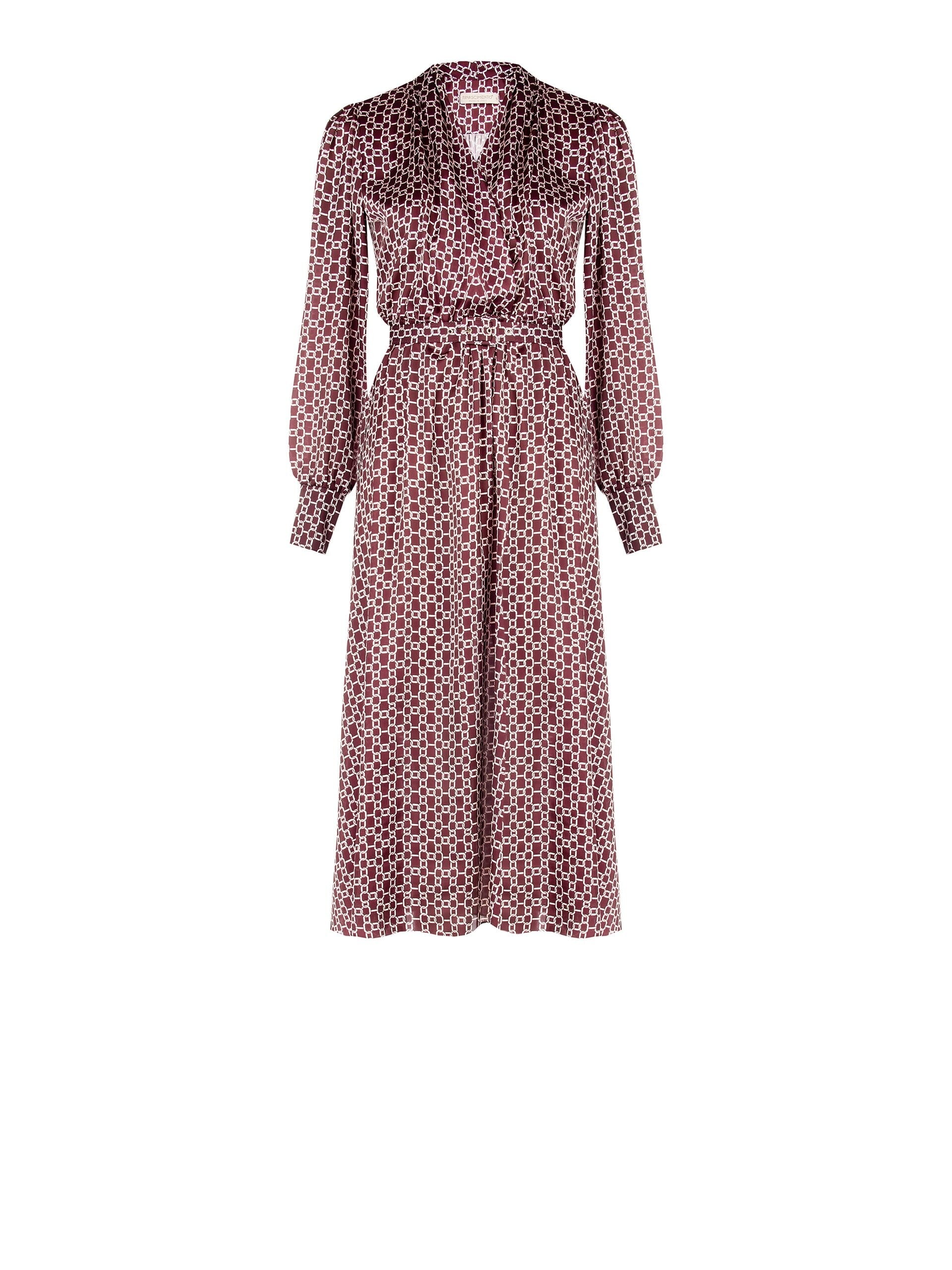 Abito Lungo A Ruota In Raso Motivo Catena Con Scollo A V Con Cintura Coordinata Rinascimento