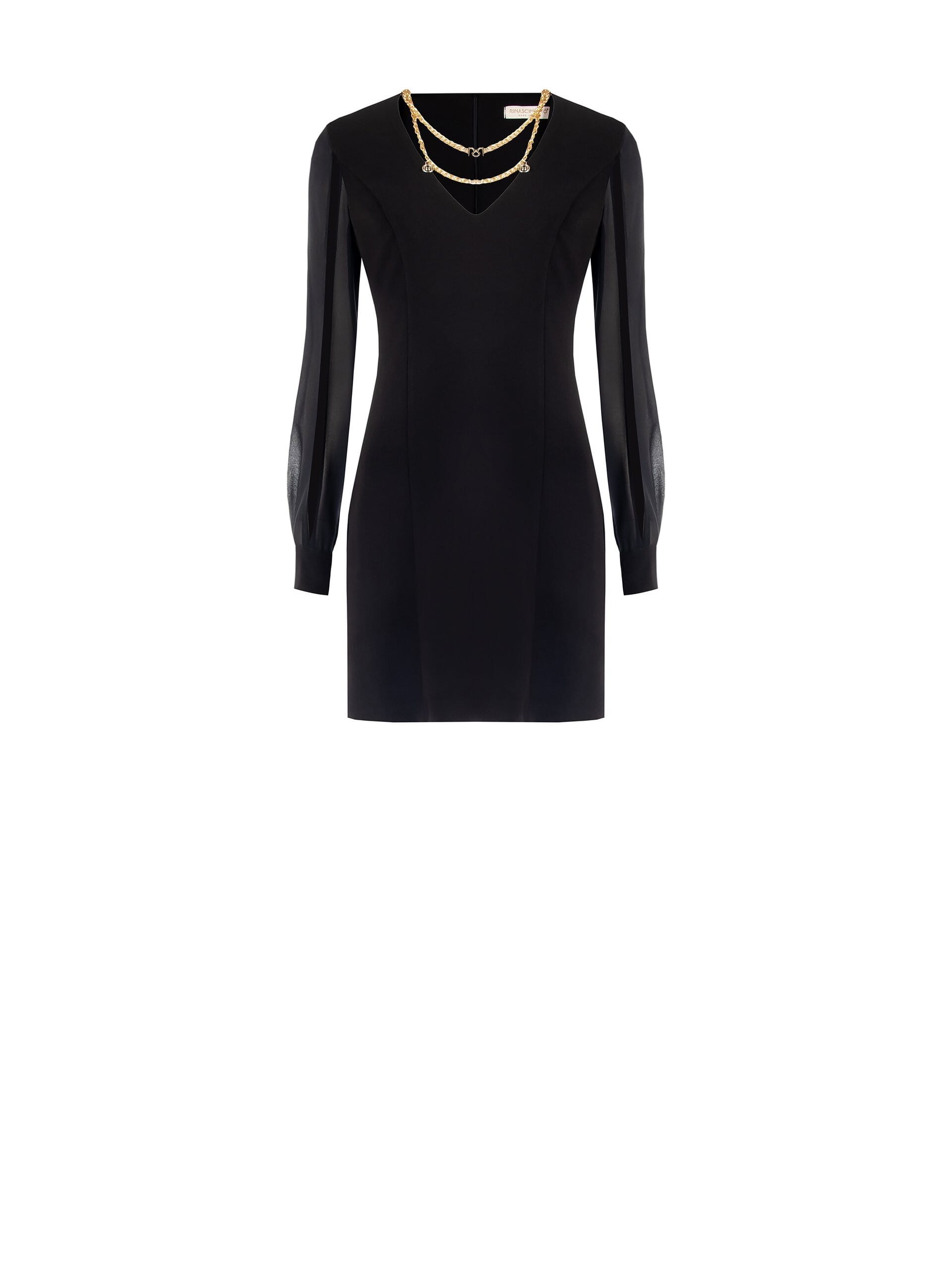 Abito Corto In Scuba Crepe Con Scollo A V E Catena Con Ciondoli Logo Rinascimento