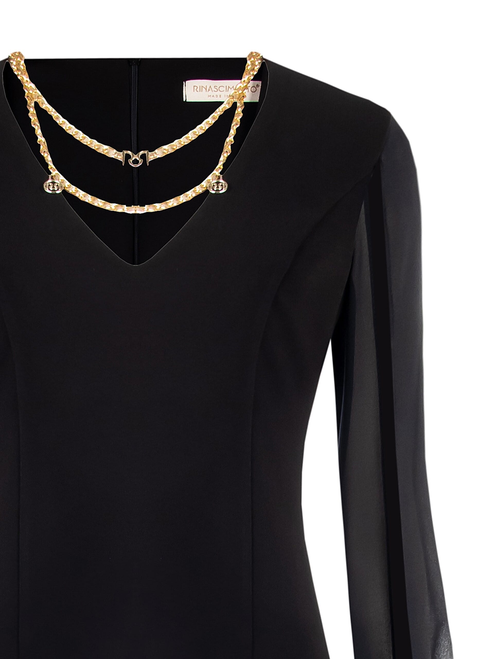 Abito Corto In Scuba Crepe Con Scollo A V E Catena Con Ciondoli Logo Rinascimento