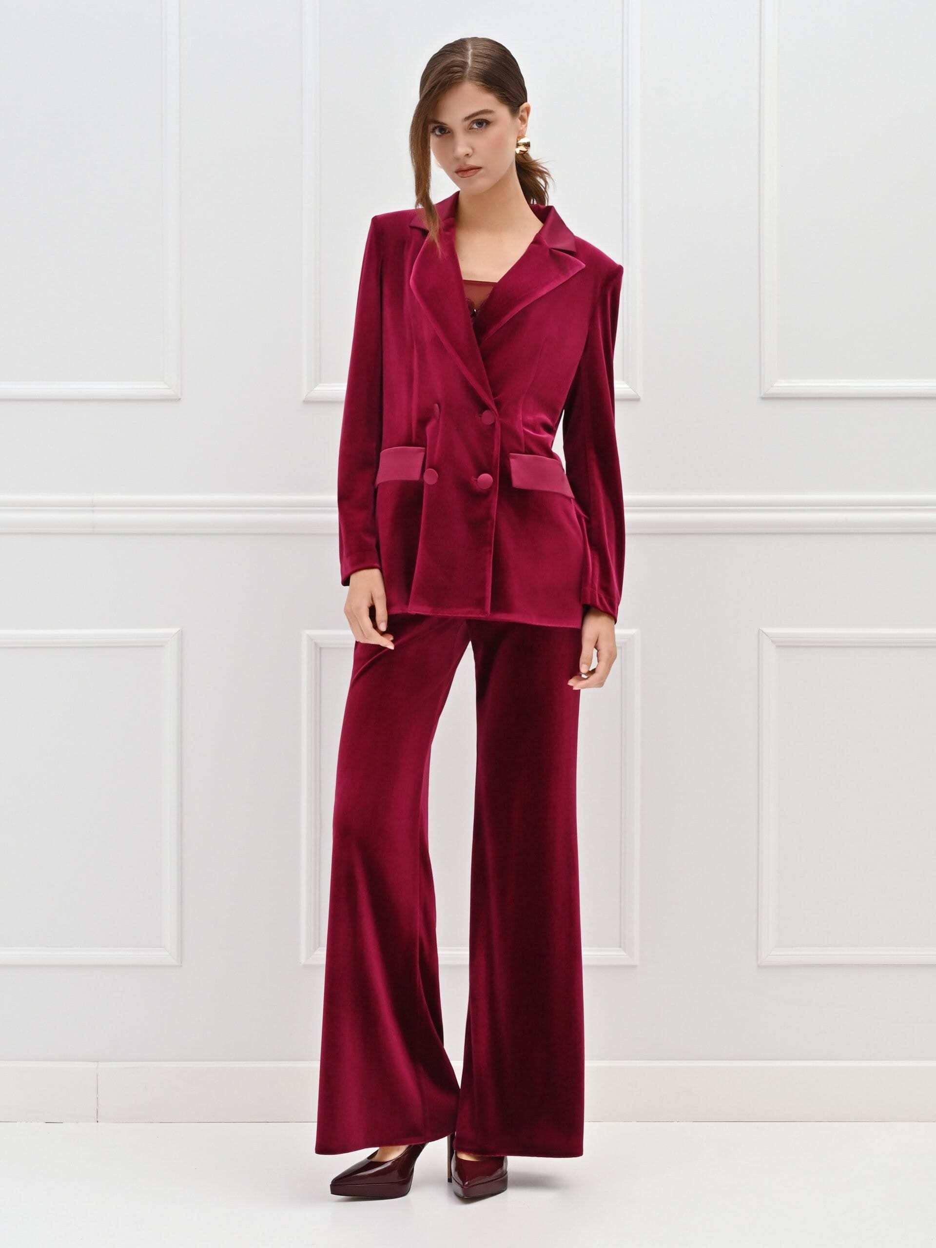 Rinascimento Satin Detail Velvet Double-breasted Blazer Jacket