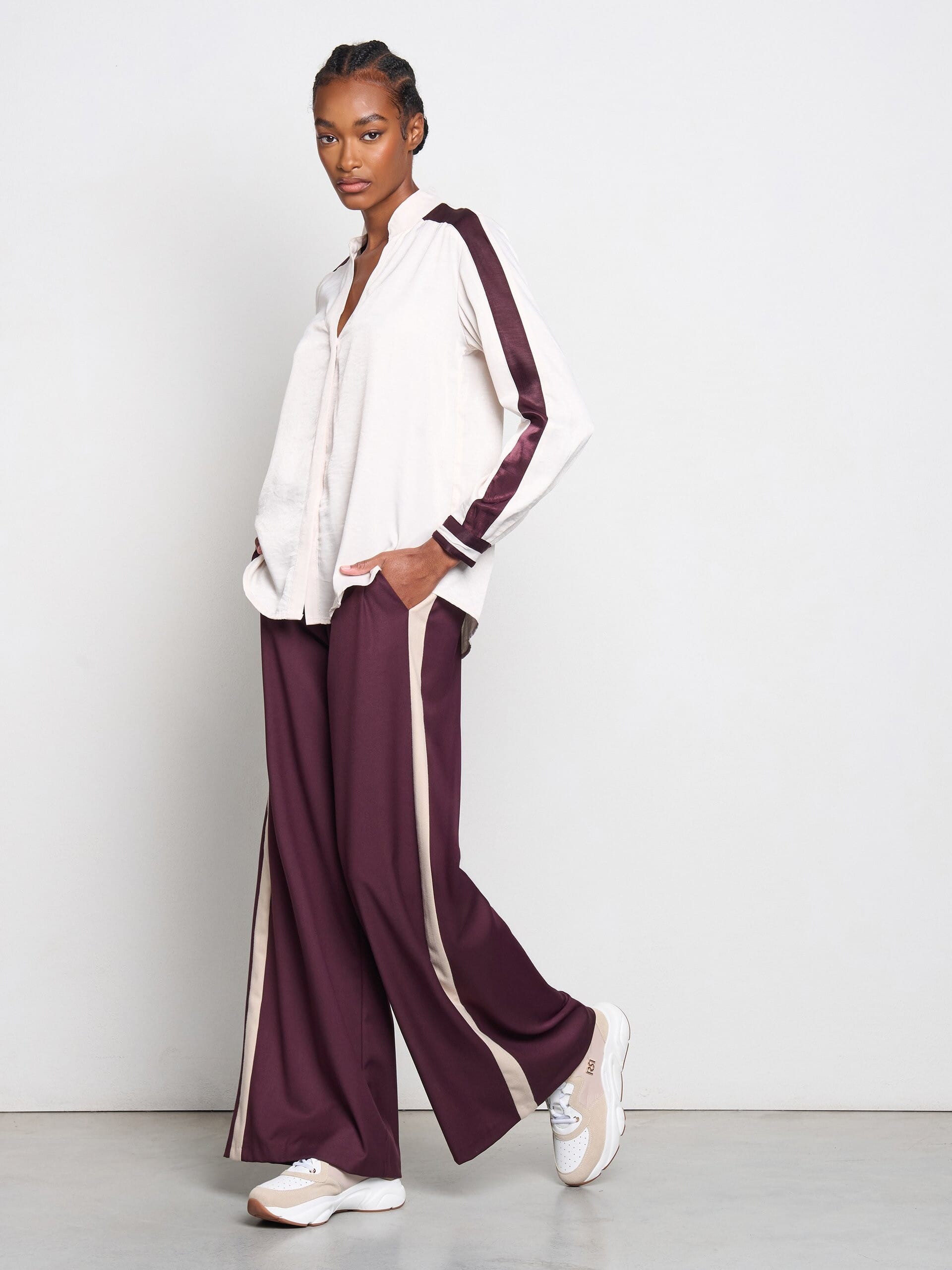 Pantaloni Palazzo In Tessuto Bi-Stretch Con Banda Laterale Ed Elastico Dietro Rinascimento