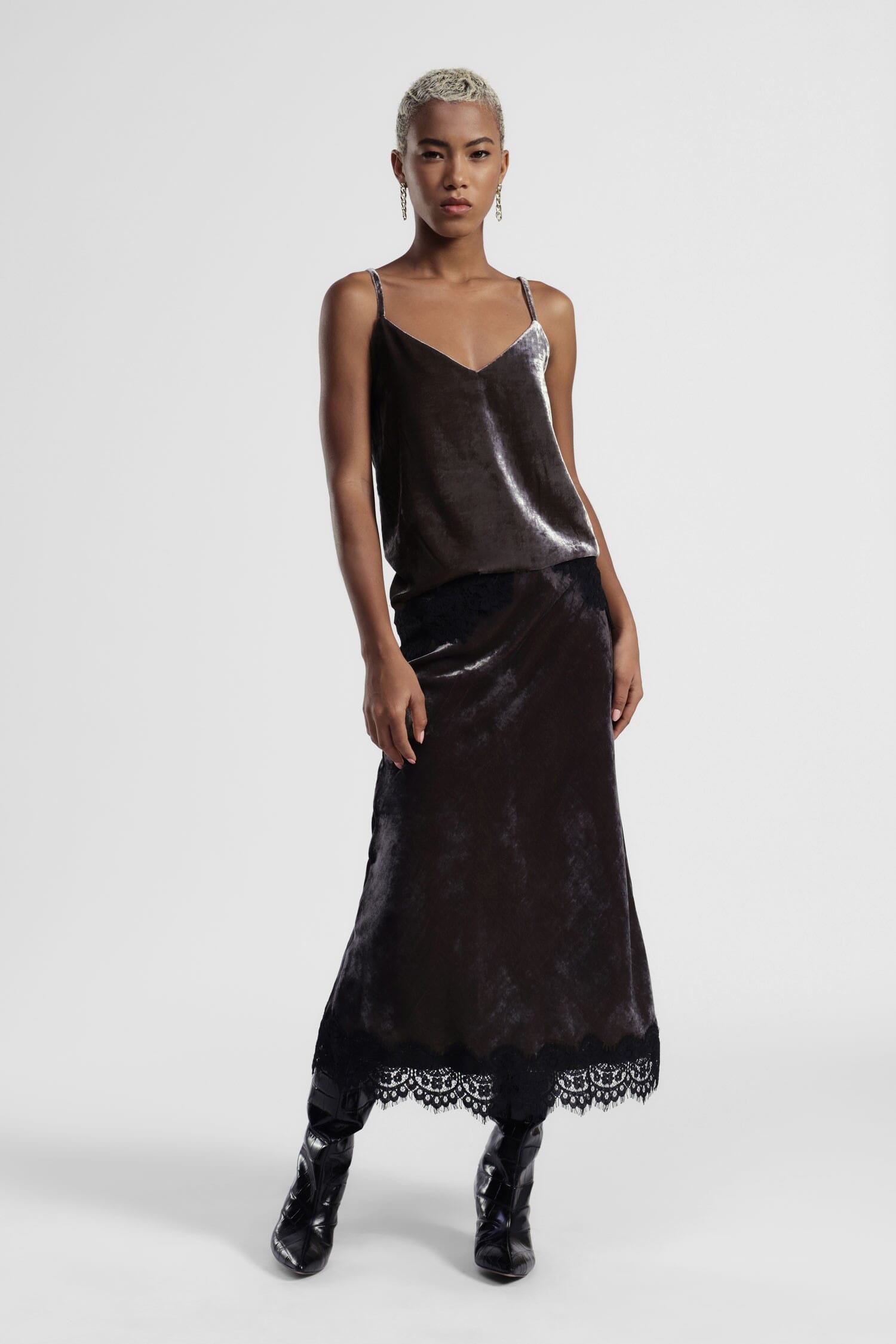 Gonna Midi Effetto Velluto Con Bordo Pizzo Dixie