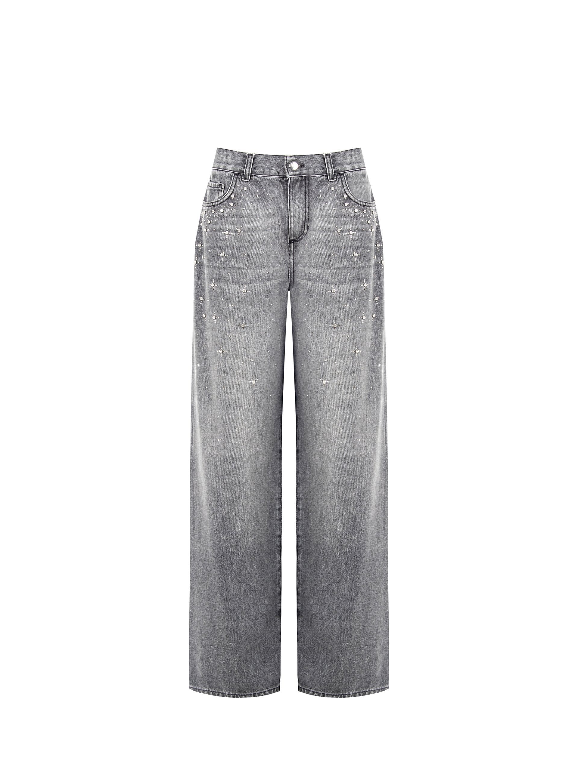 Jeans Wide Leg Con Cristalli Cabochon Rinascimento