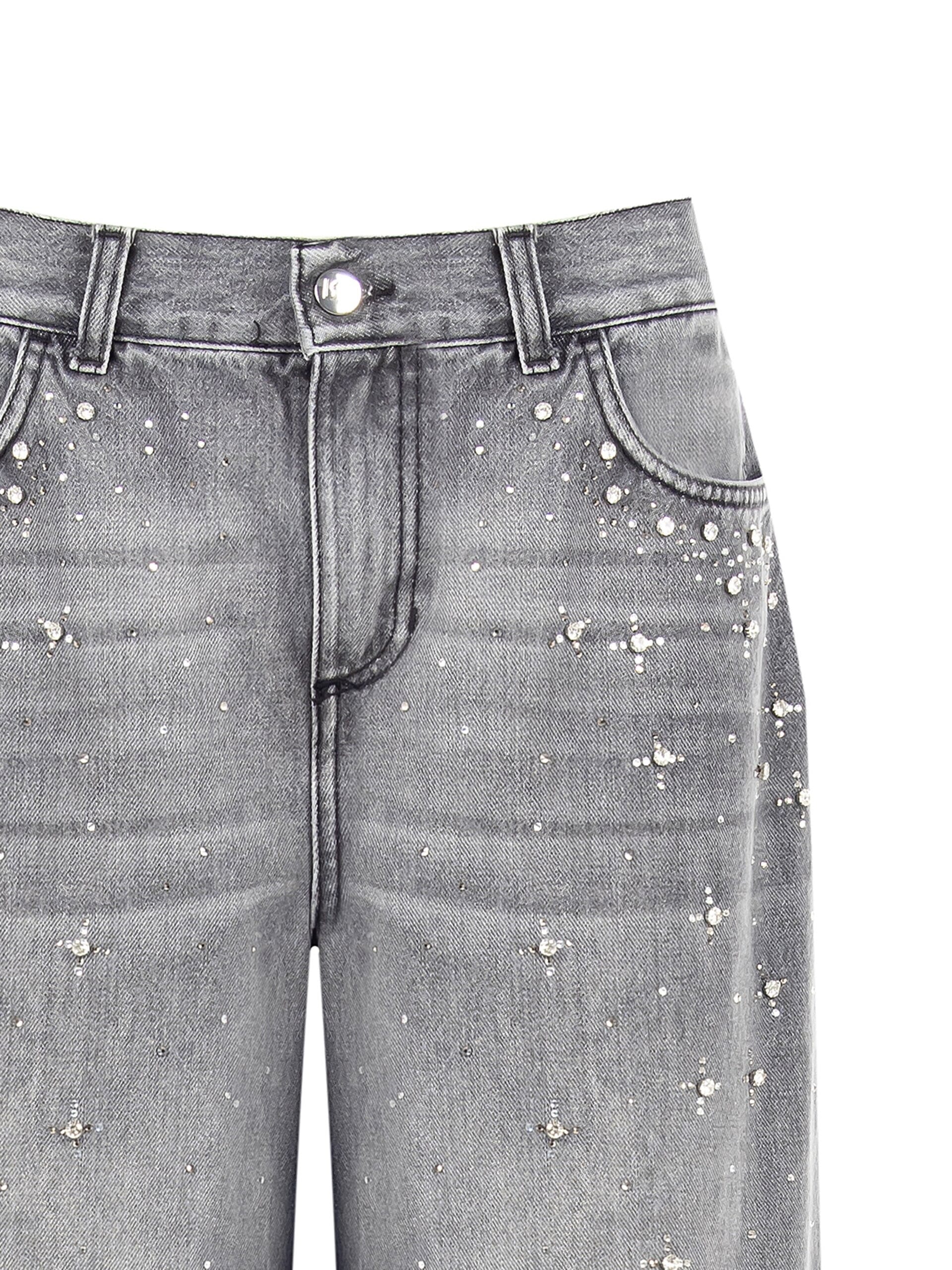 Jeans Wide Leg Con Cristalli Cabochon Rinascimento