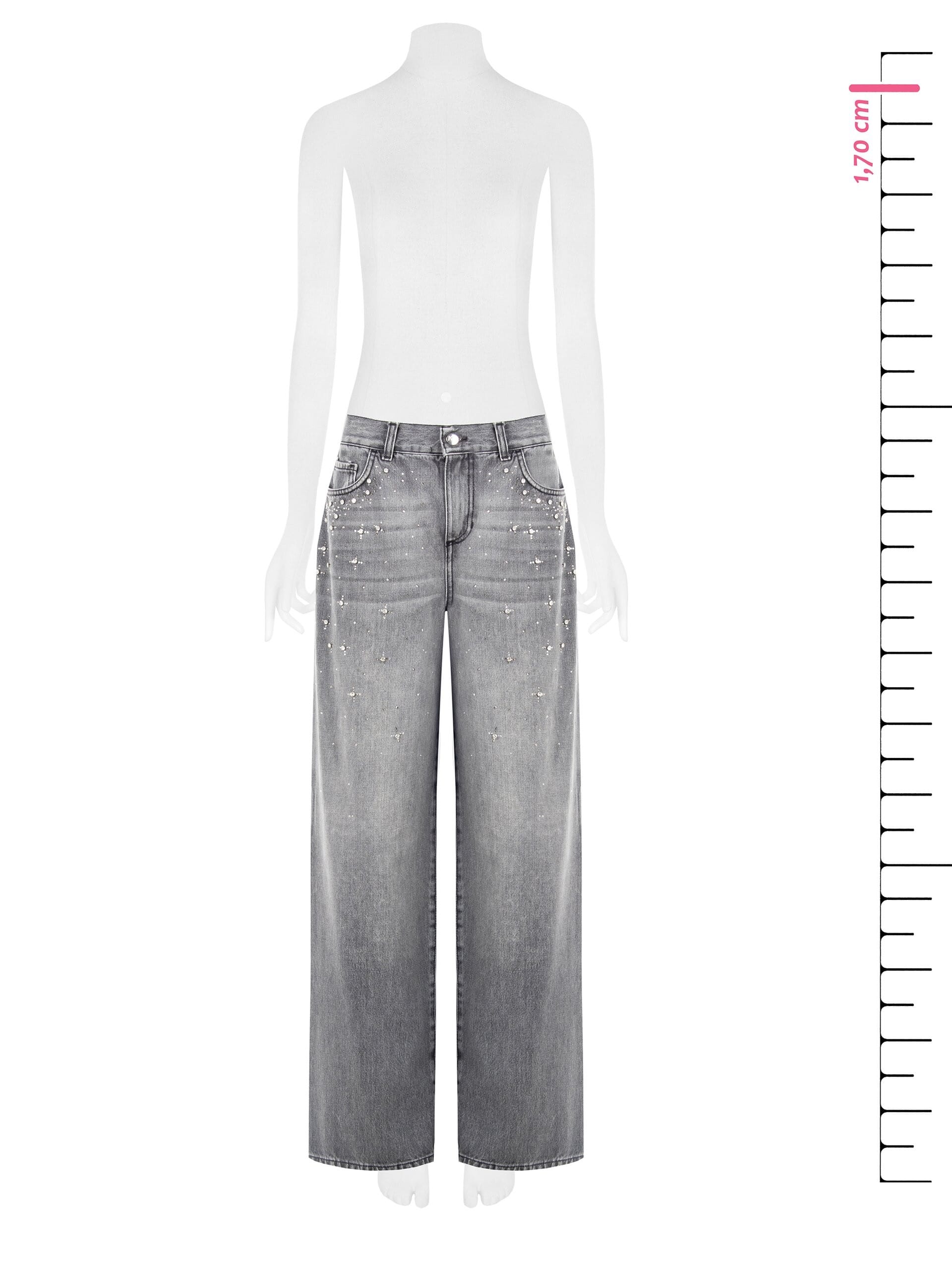 Jeans Wide Leg Con Cristalli Cabochon Rinascimento