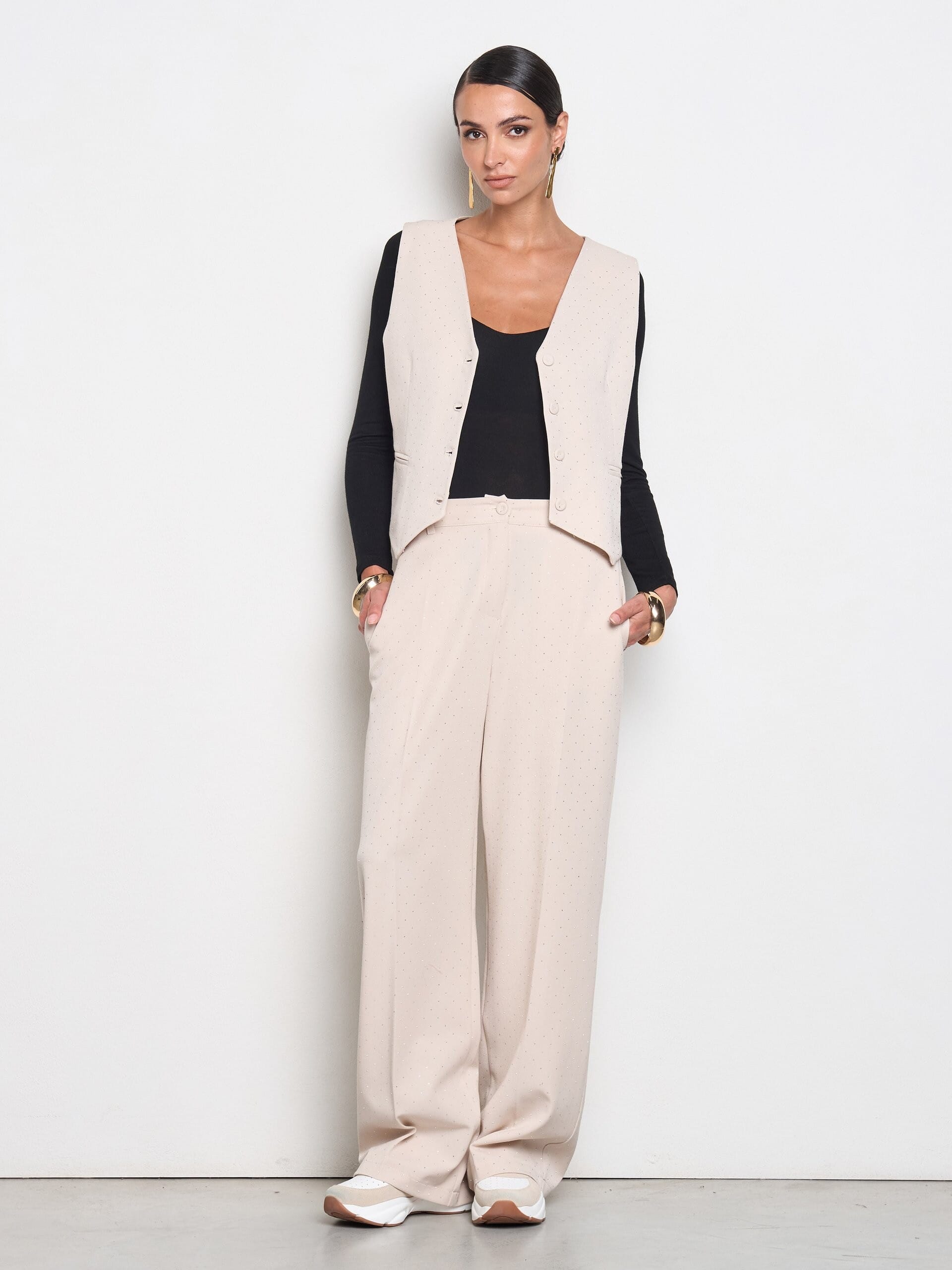 Mini pantalon palazzo recouvert de strass avec élastique dans le dos Rinascimento