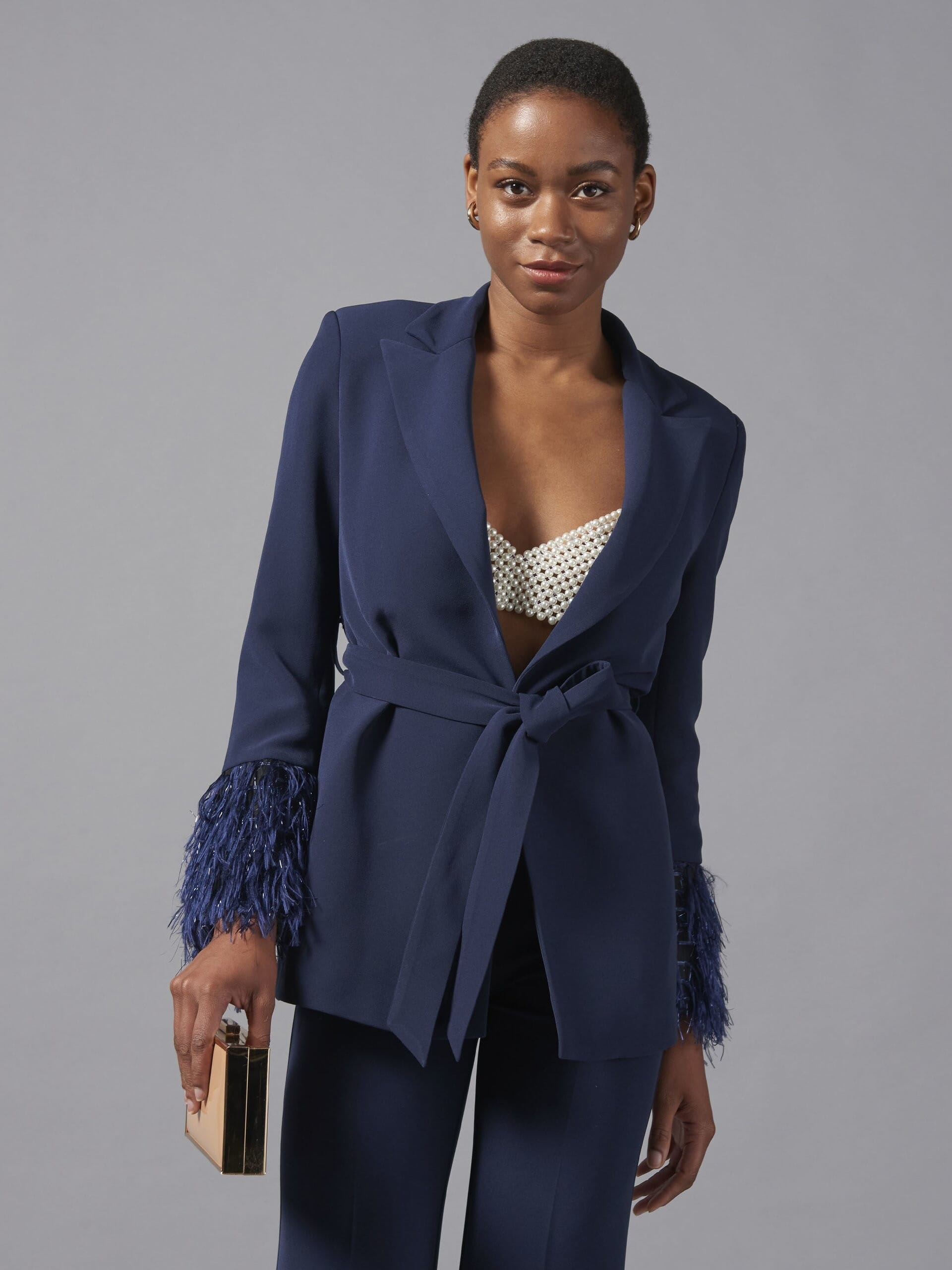 Giacca Blazer Aperta In Crepe Con Piume E Fili Di Lurex Sui Polsini Rinascimento