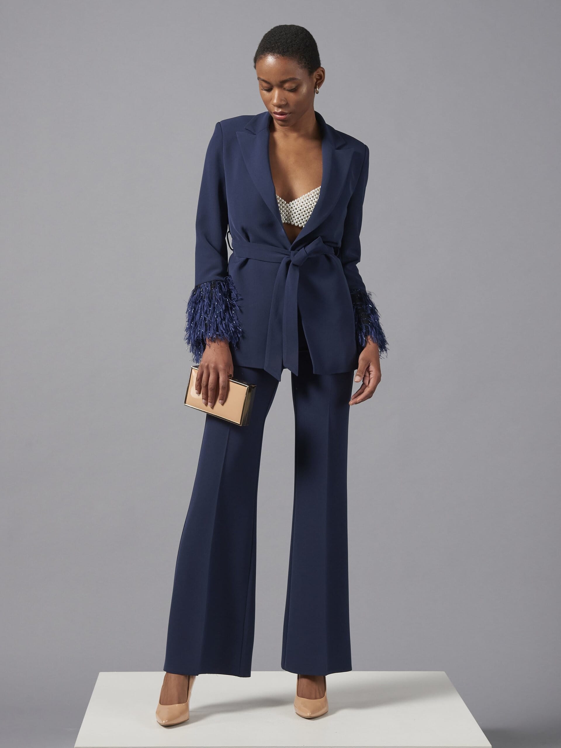 Giacca Blazer Aperta In Crepe Con Piume E Fili Di Lurex Sui Polsini Rinascimento