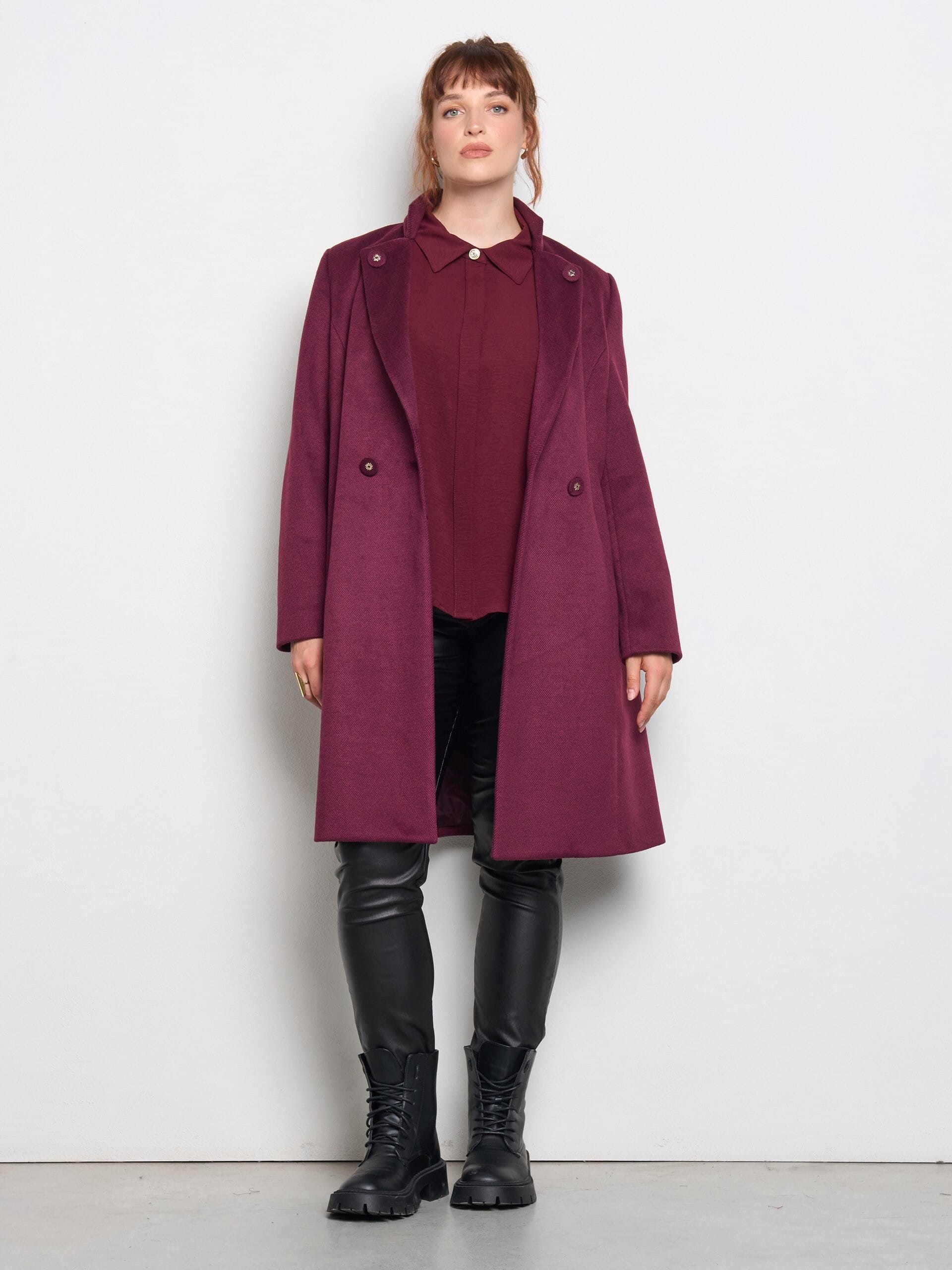 Curvy Medium Velour Coat With Logo Buttons Tone On Tone