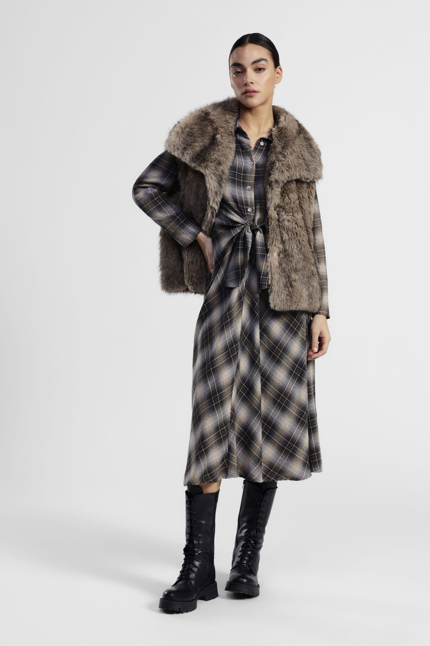 Abito Midi A Quadri Con Fiocco In Vita E Colletto Classico Dixie