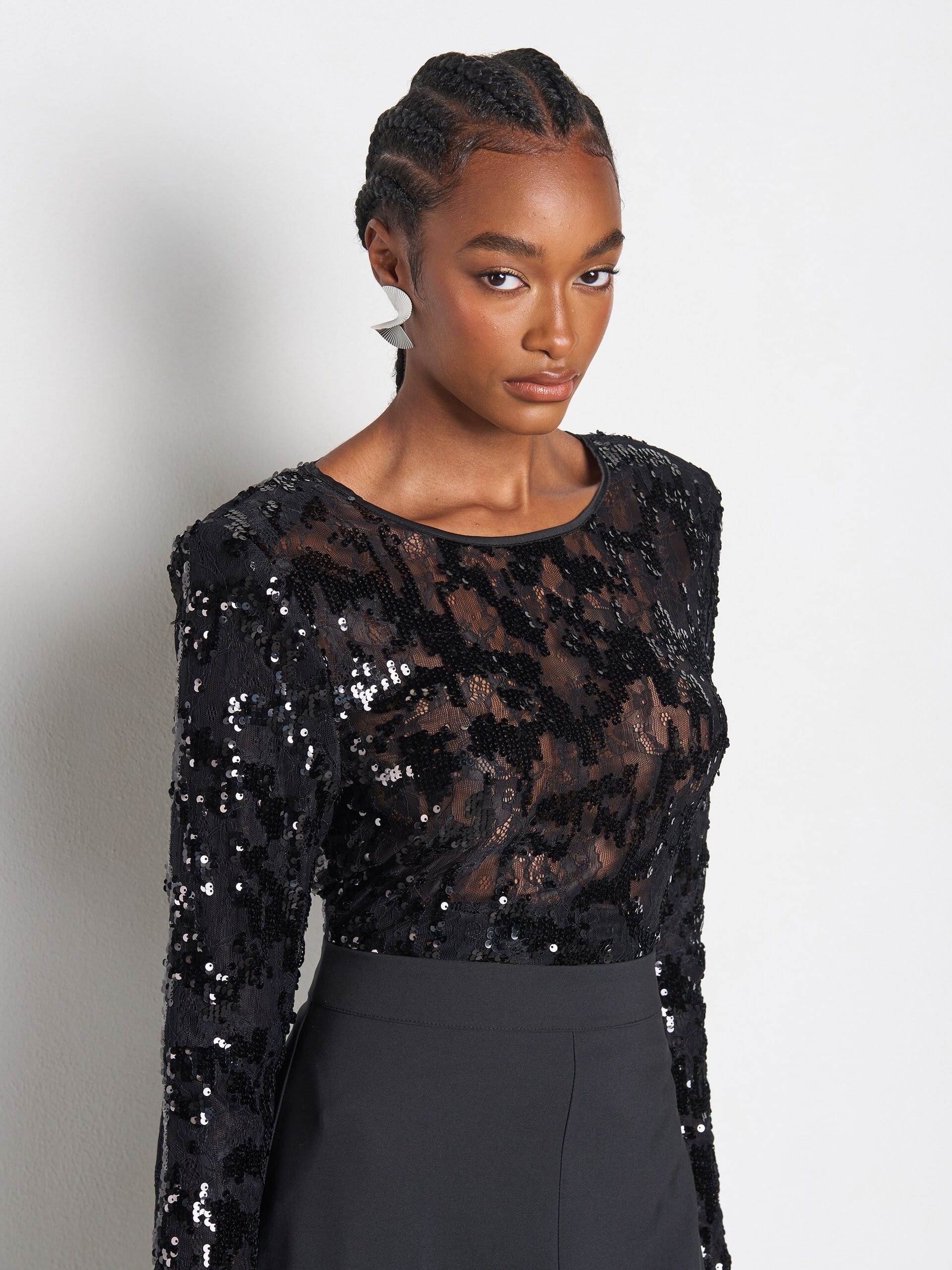 Tuta Intera Larga A Zampa In Tessuto Bi-Stretch Con Top In Pizzo E Paillettes Rinascimento