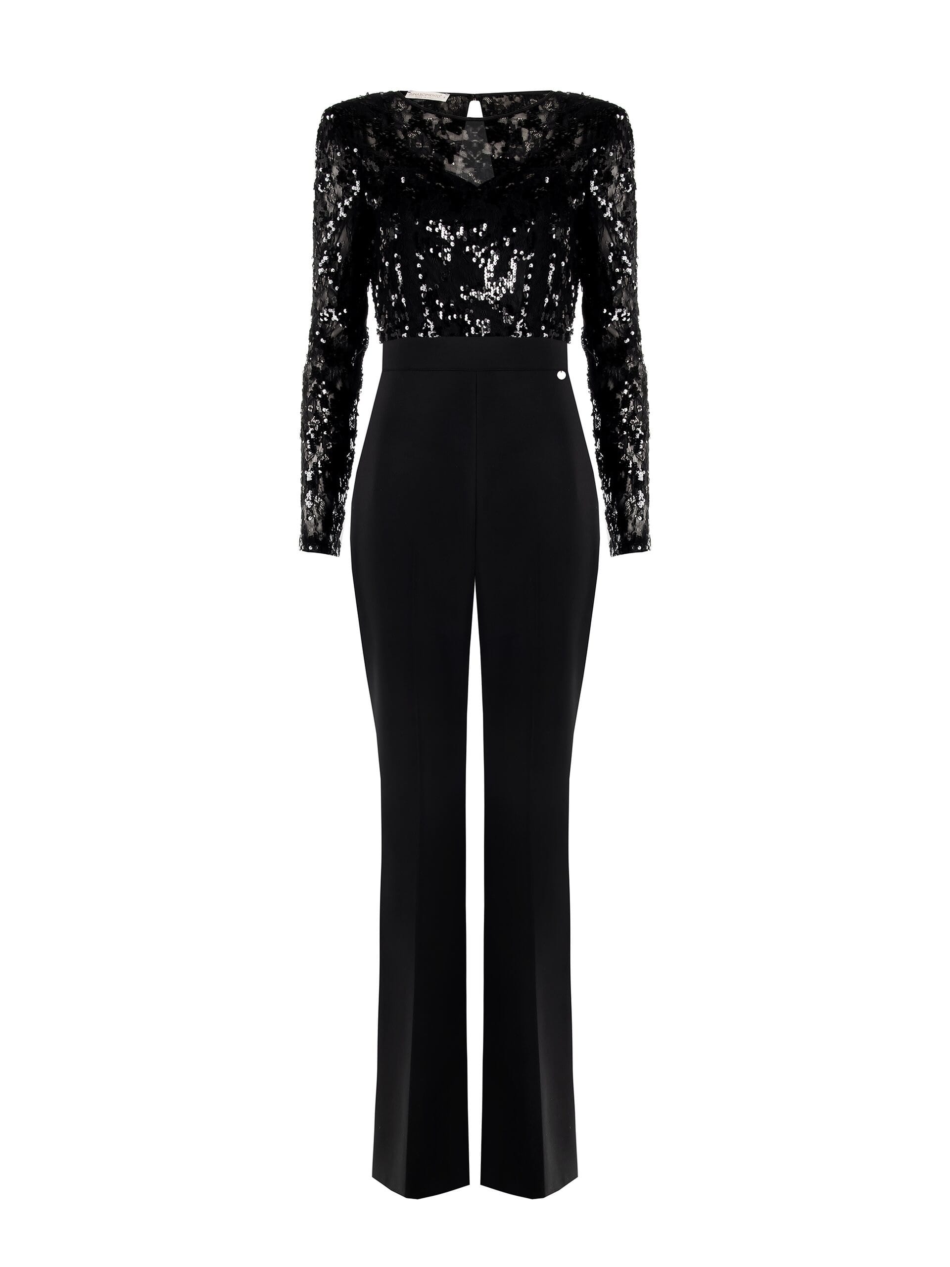 Tuta Intera Larga A Zampa In Tessuto Bi-Stretch Con Top In Pizzo E Paillettes Rinascimento