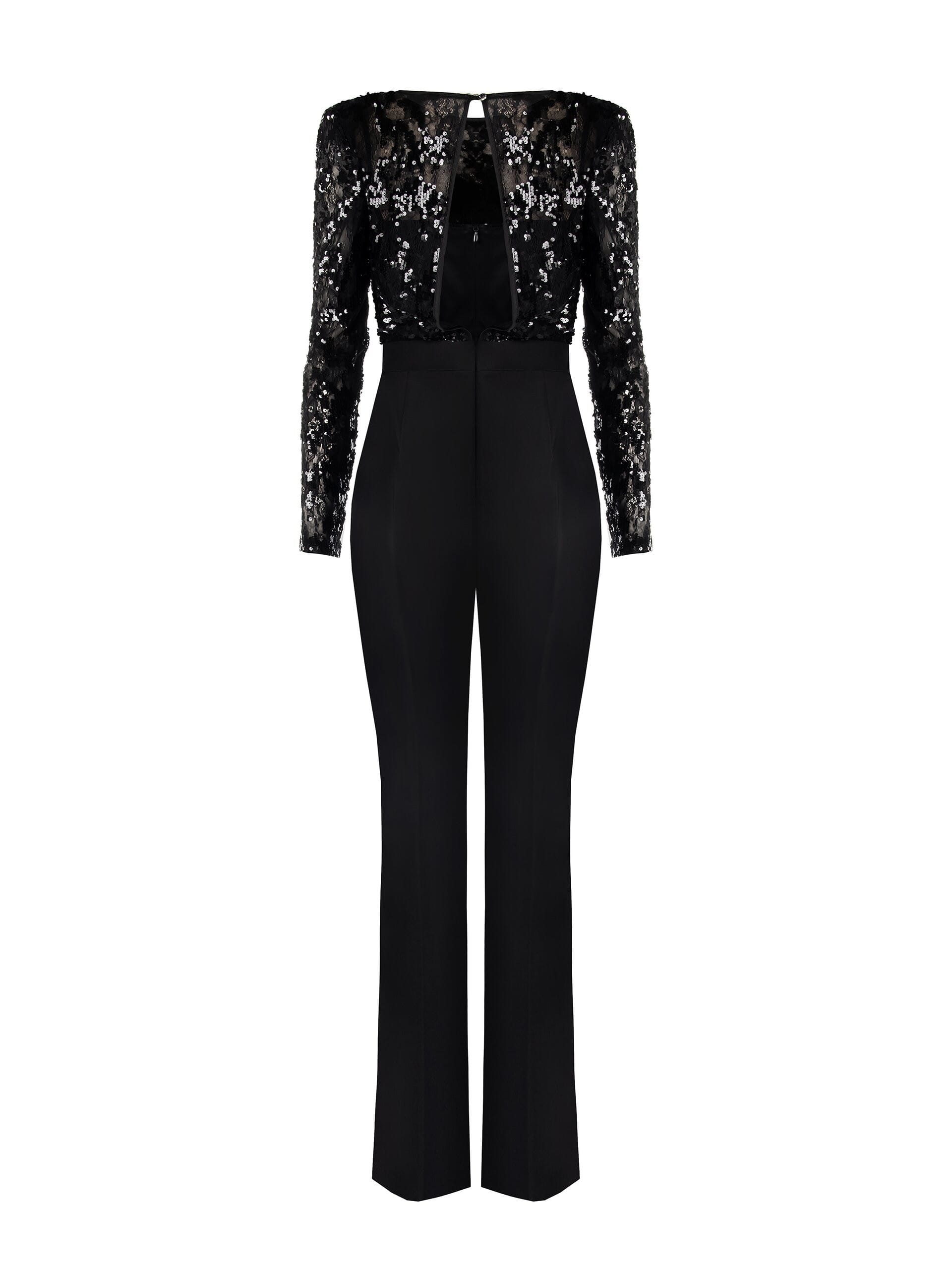 Tuta Intera Larga A Zampa In Tessuto Bi-Stretch Con Top In Pizzo E Paillettes Rinascimento