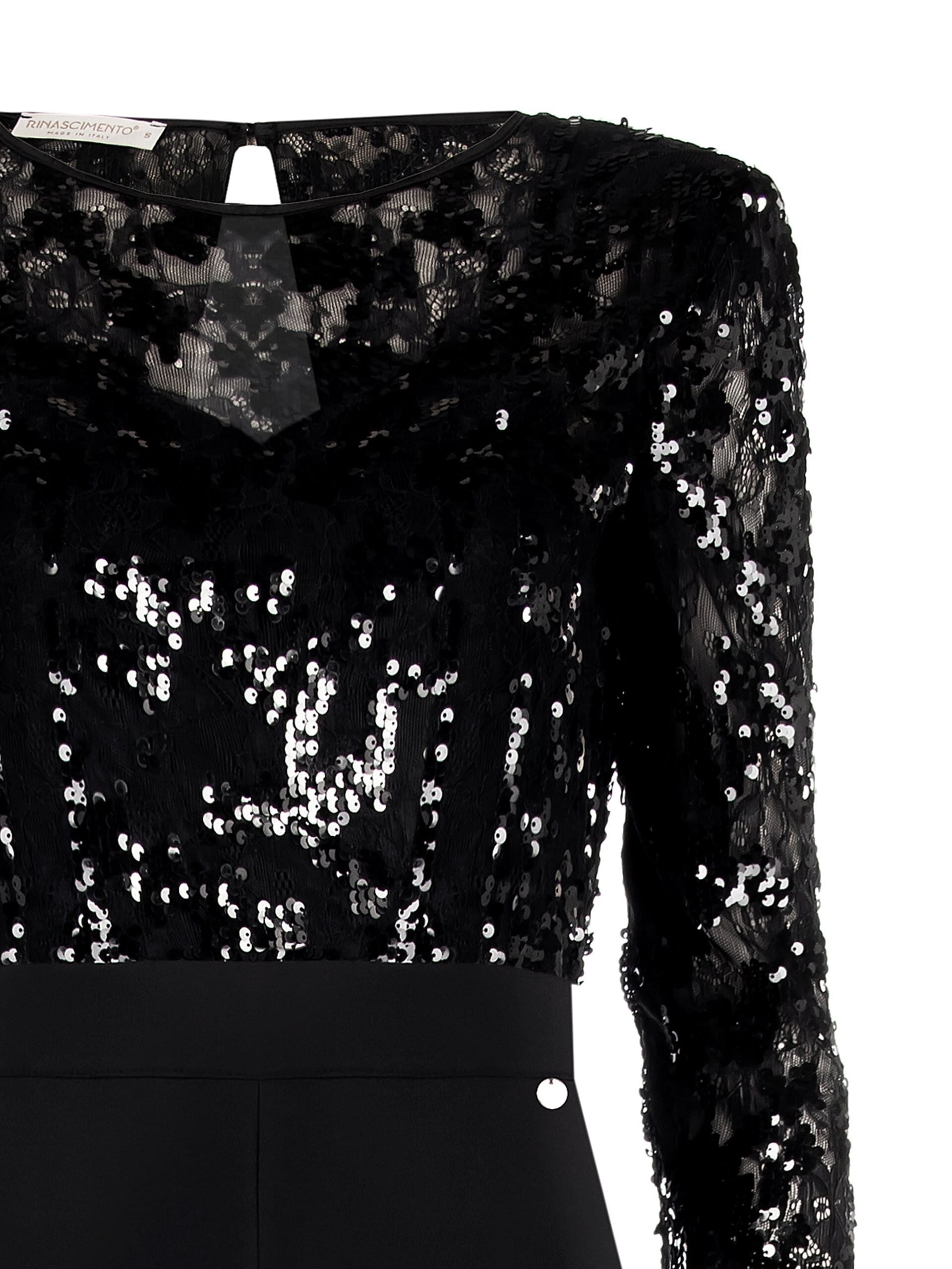 Tuta Intera Larga A Zampa In Tessuto Bi-Stretch Con Top In Pizzo E Paillettes Rinascimento