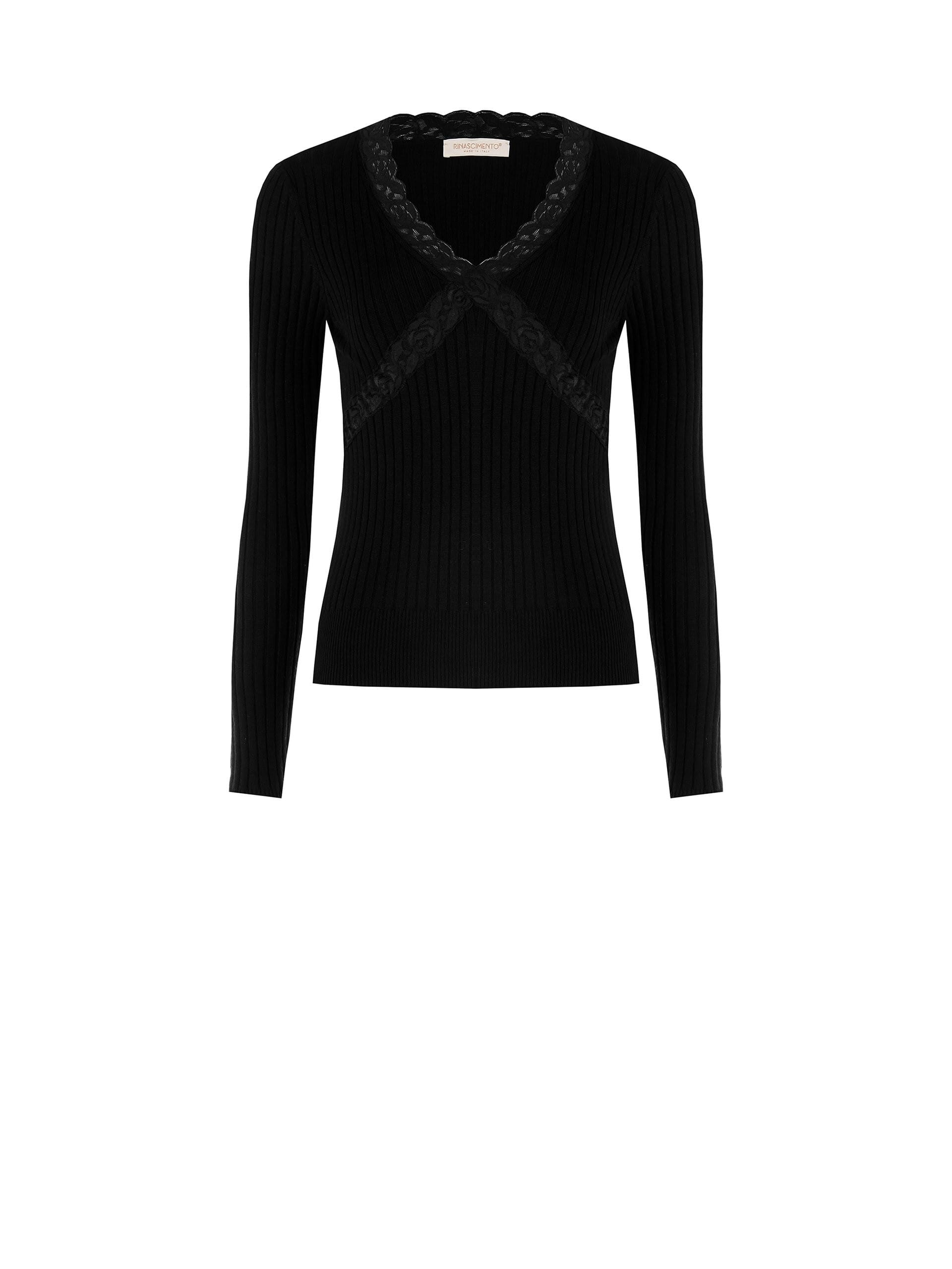 Large Ribbed V-Neck And Lace Detailing Fitted Sweater from Rinascimento