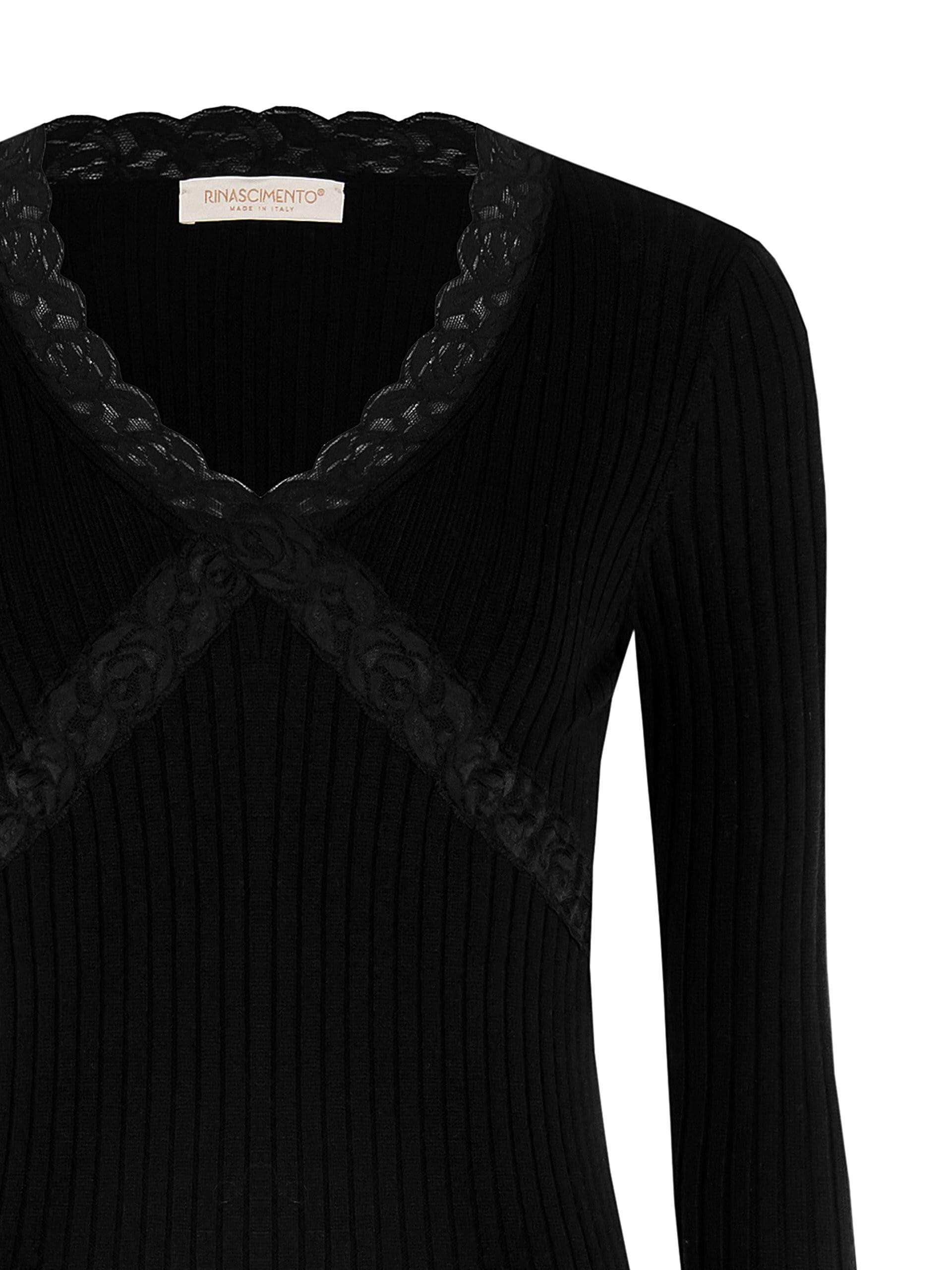 Large Ribbed V-Neck And Lace Detailing Fitted Sweater from Rinascimento