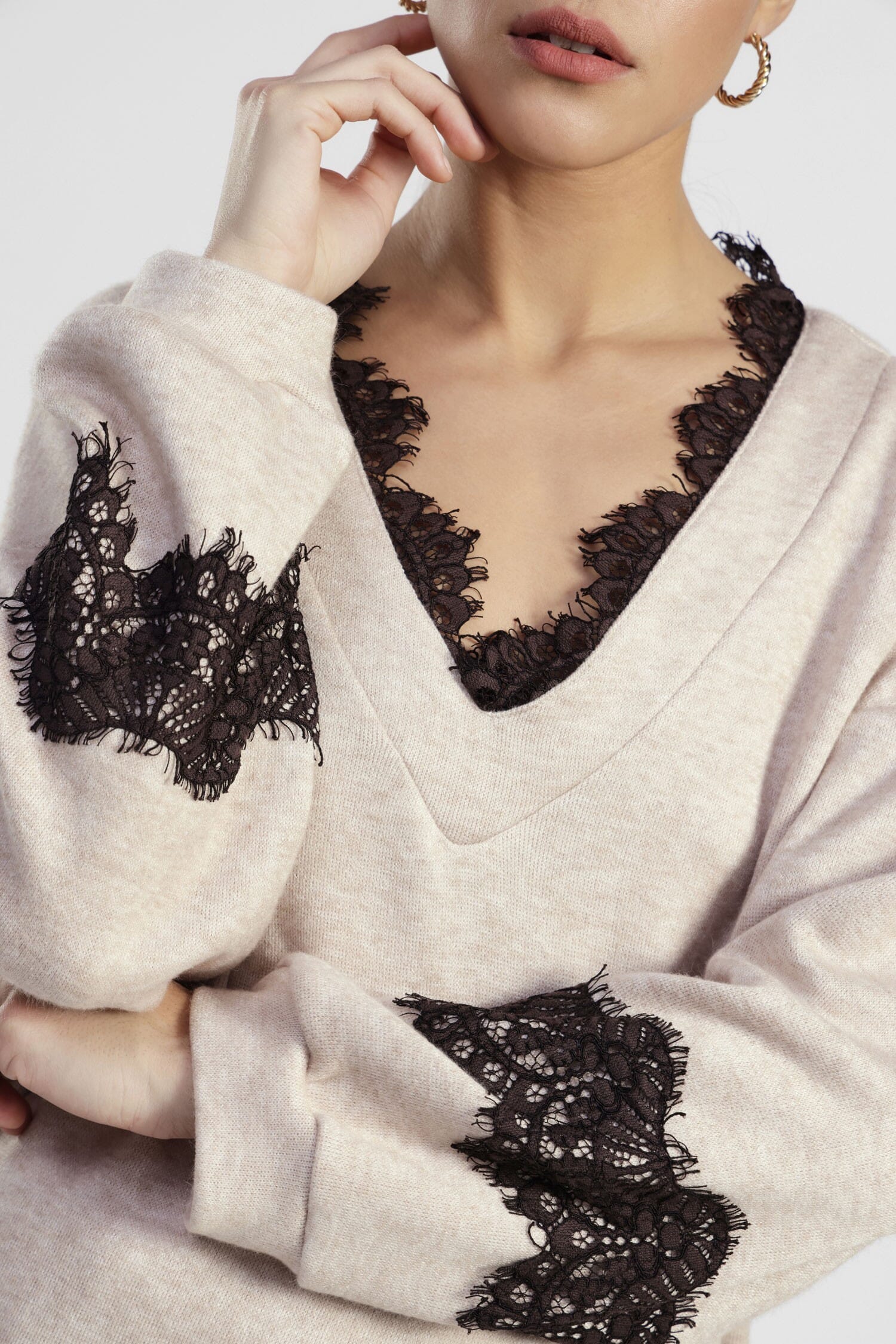Dixie V-Neck Sweatshirt With Lace Inserts
