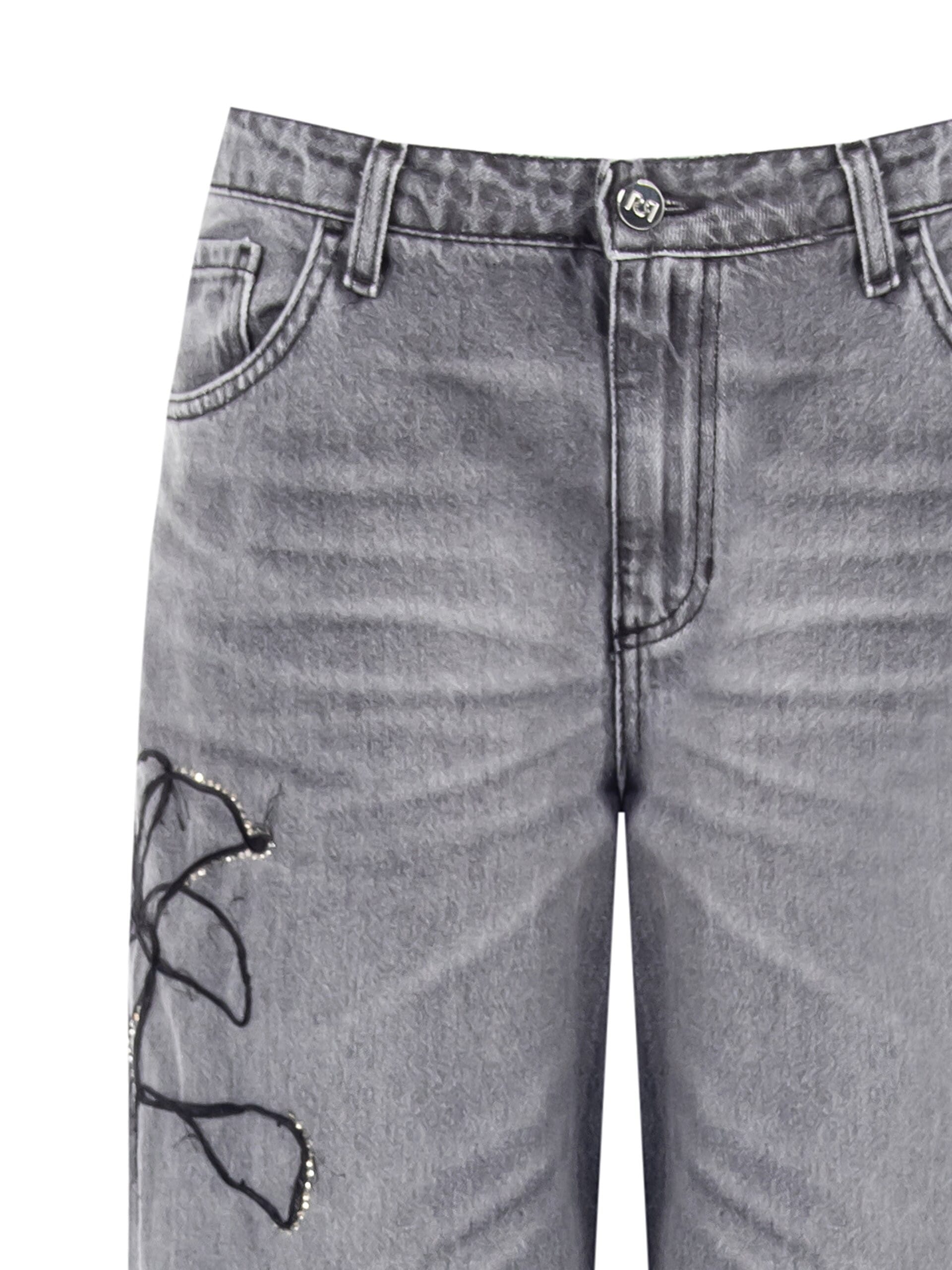 Jeans Wide Leg Con Fiore Ricamato E Strass Rinascimento