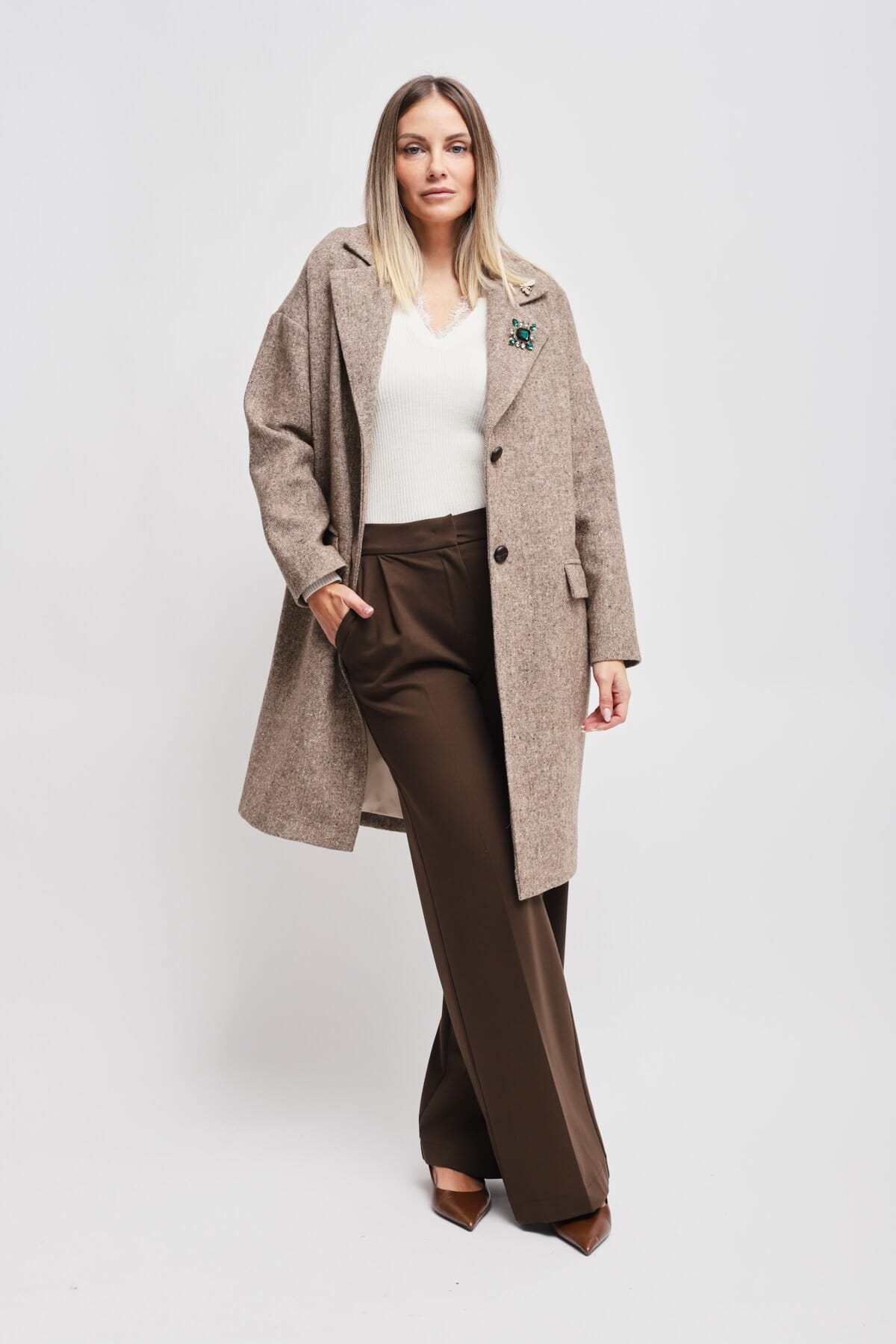 Maryley - Manteau croisé avec broche ornée d'un bijou