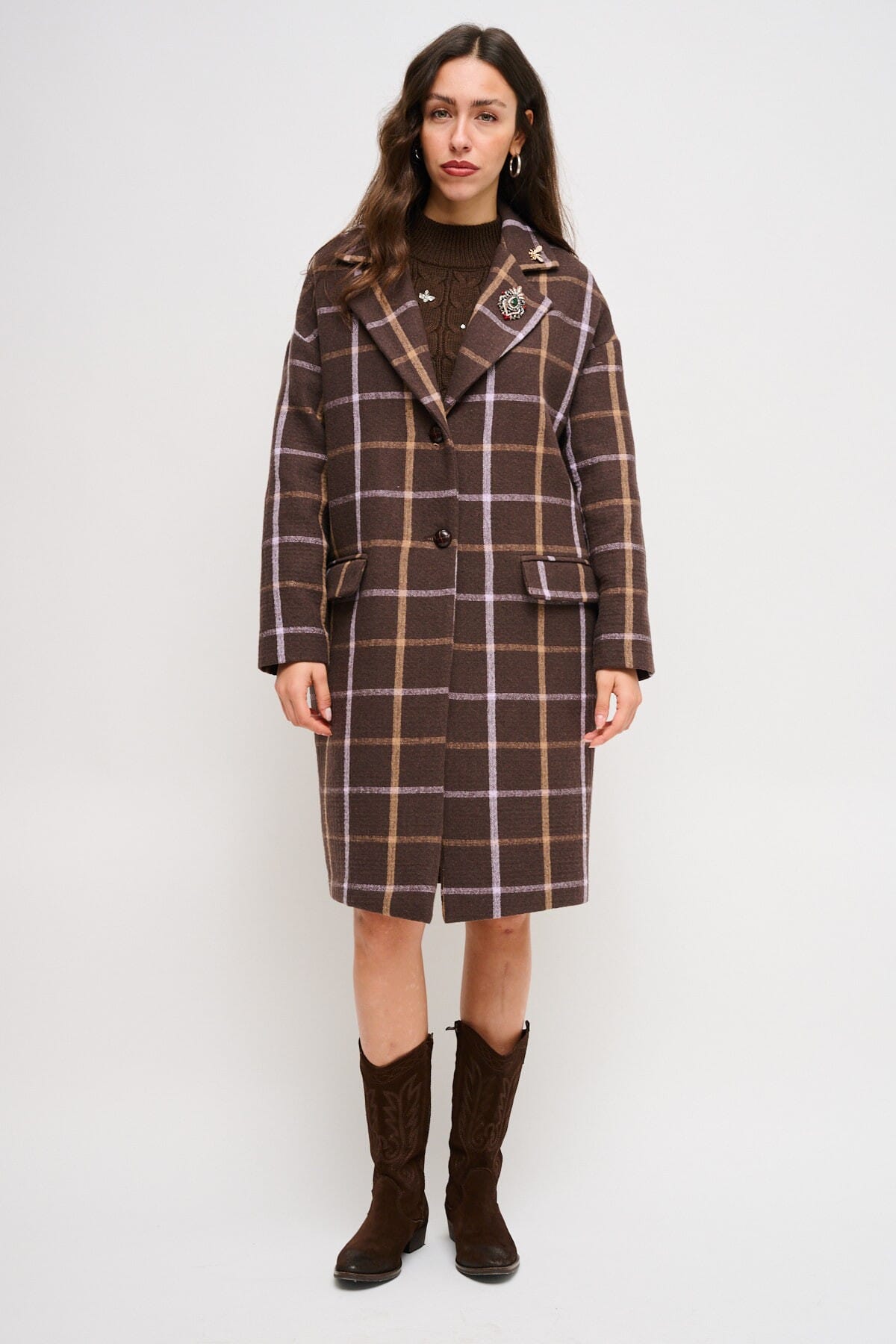 Cappotto Check Oversize Monopetto Con Spille Maryley