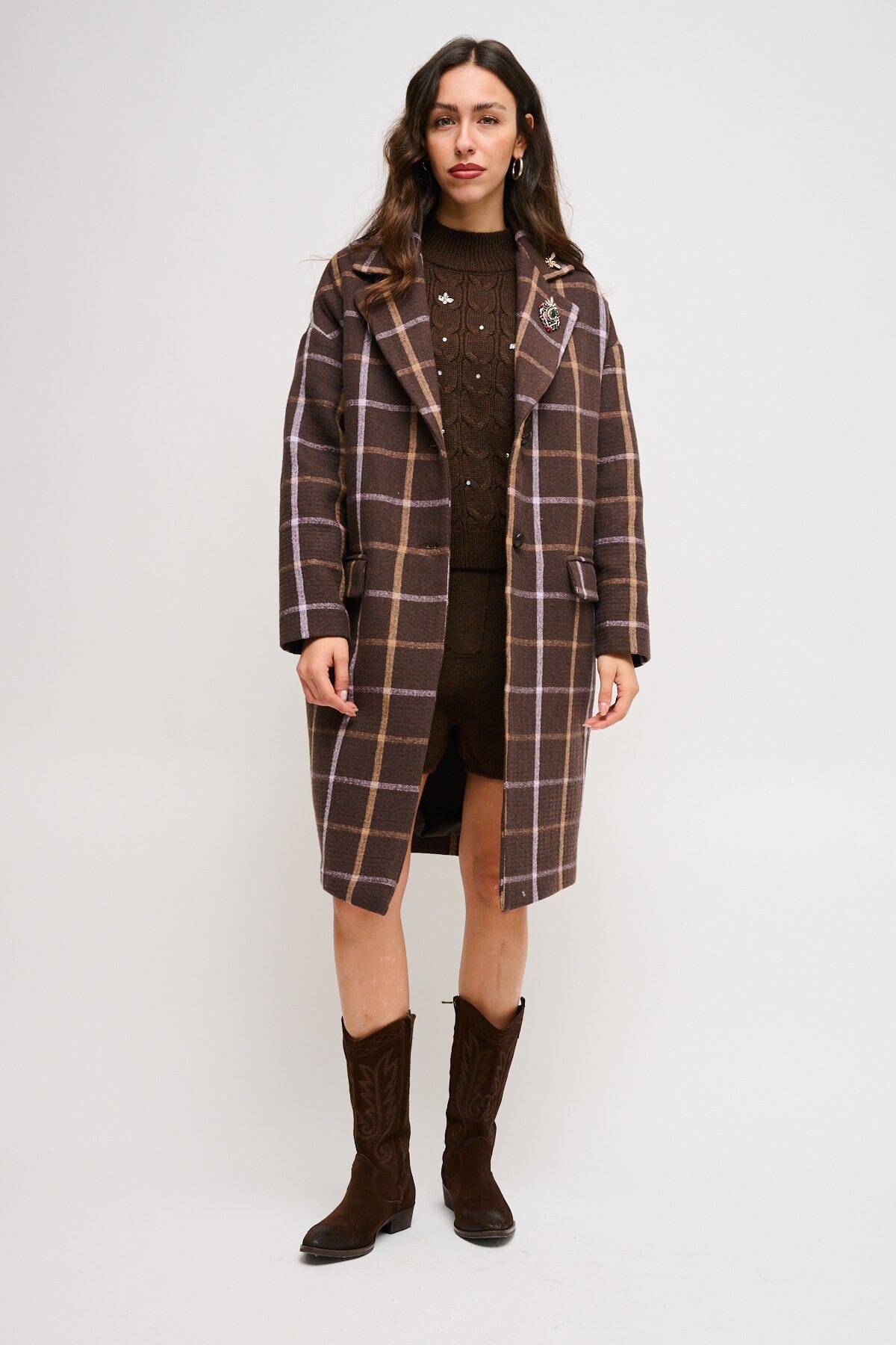 Cappotto Check Oversize Monopetto Con Spille Maryley