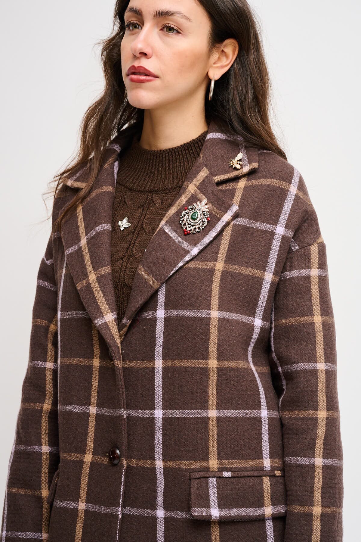 Cappotto Check Oversize Monopetto Con Spille Maryley