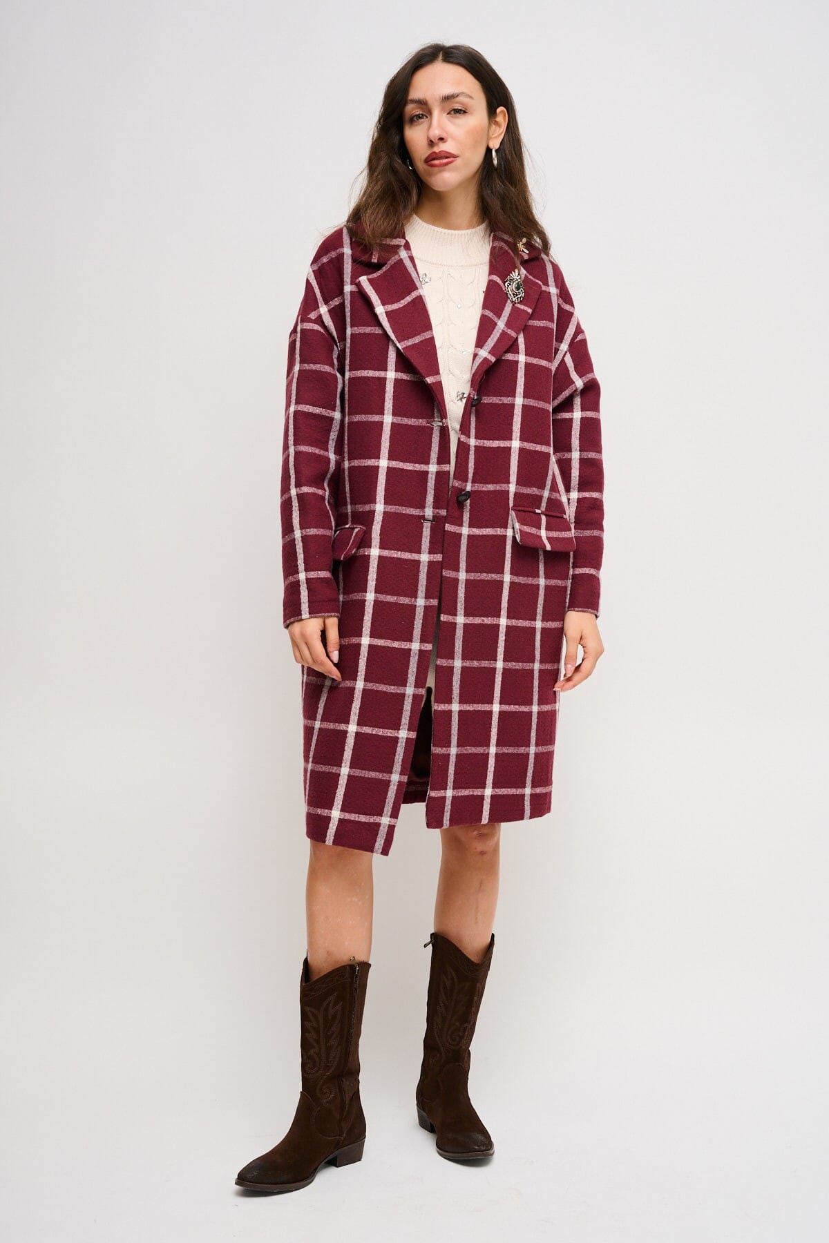 Cappotto Check Oversize Monopetto Con Spille Maryley